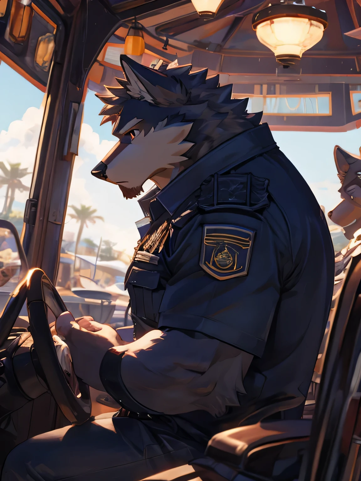 male, muscular,Wolf,only,The upper body is unclothed,Wearing light blue jeans,The background is the beach,big muscles,sit on the chair,high quality,high detail,8K