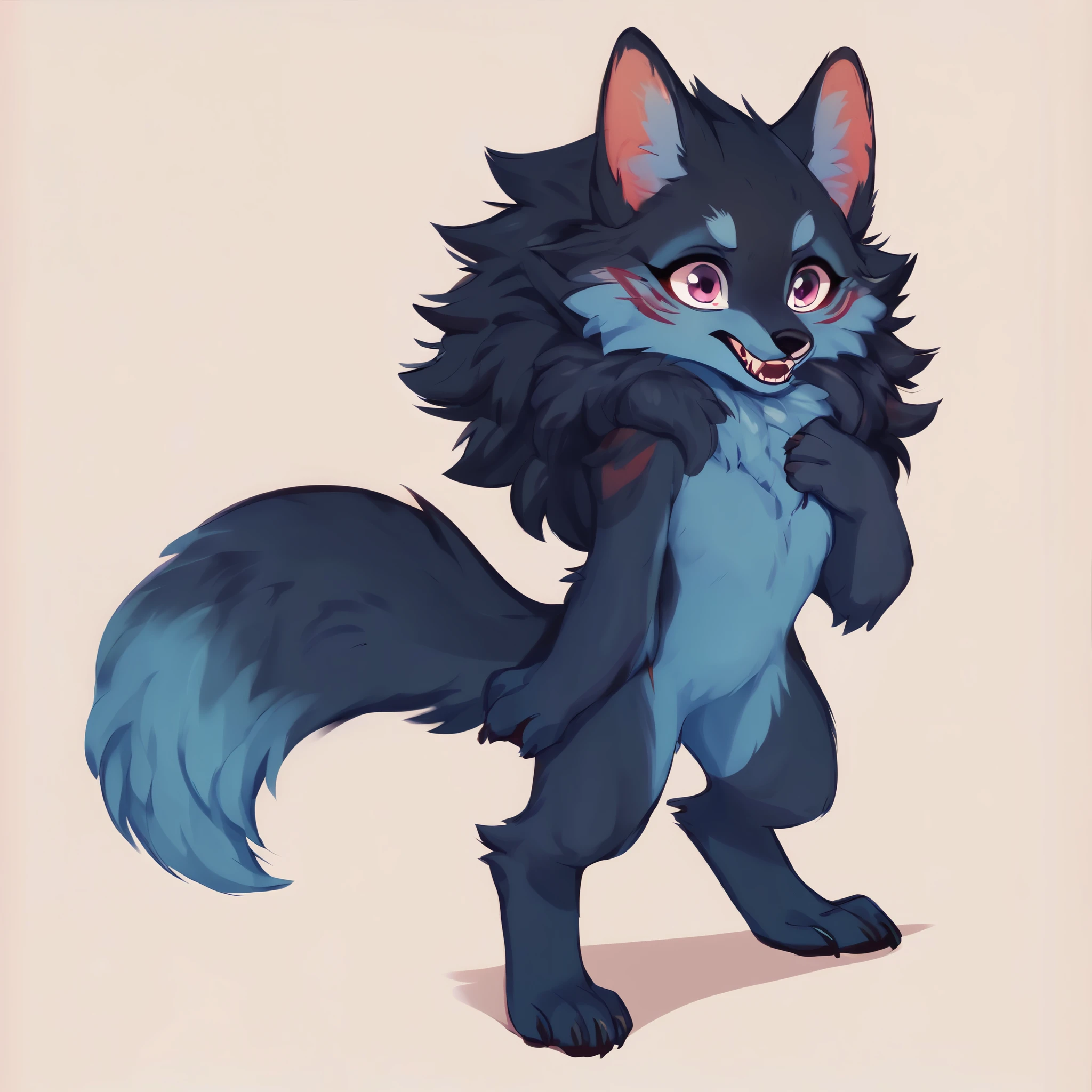 score_9, score_8_up, score_7_up, score_6_up, score_5_up, score_4_up, show accurate, (((full body))), hungry body, simple background, (solo), (semi anthro wolf), female, age wolf, body cub, ((standing)), dark pink eyes, ((dark blue fur)), (ocean blue chest), (blue snout), (ultrafine fur), (neck covered by mane), (pink oni horns), (short and straight hair), (black hair), wolf tail,