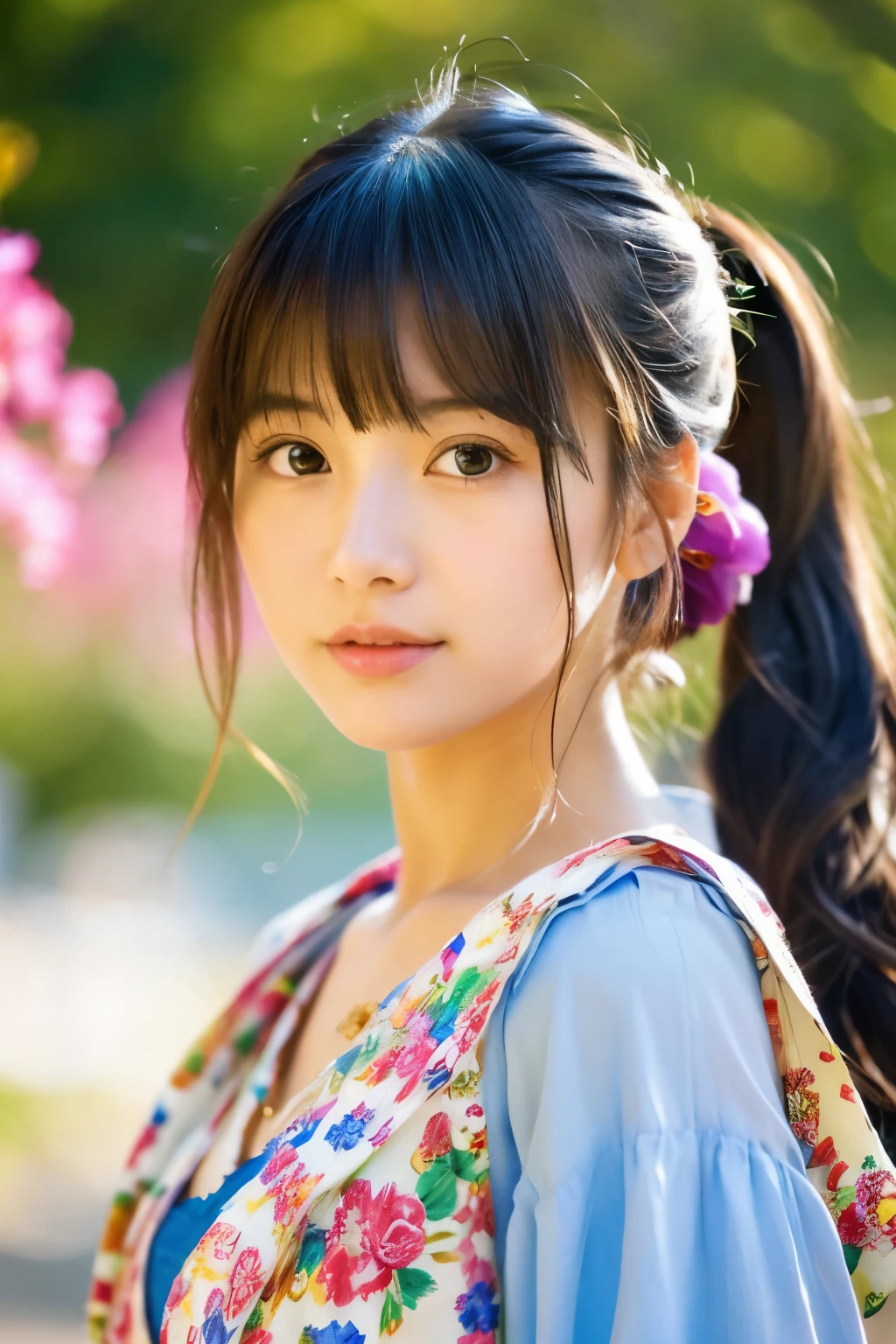 (masterpiece), (highest quality), (super detailed),(messy hair),(figure), (1 girl), (fashionable clothes), Are standing, Fashion Model, looking at the viewer, (interview), (simple background),detailed and beautiful eyes, delicate beautiful face, floating,(high color saturation),(colorful splashes),colorful bubble,(shining), focus on face, ponytail, kamisato ayaka, light blue hair, bangs, hair ring, floating flowers, Floating hair, (shining), best writing, best shadow,
