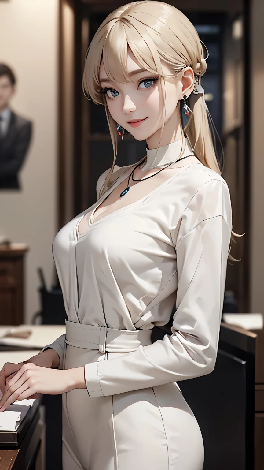 ((Biologically correct limb and finger count))、((standing position))、masterpiece、((focus on the face))、((Symmetrical facial features))、Eyes with detailed description、Beautiful woman、outstanding style、Detailed depiction of faces、earrings、necklace、(uniform、suit）、smile、OL、Office work scene,