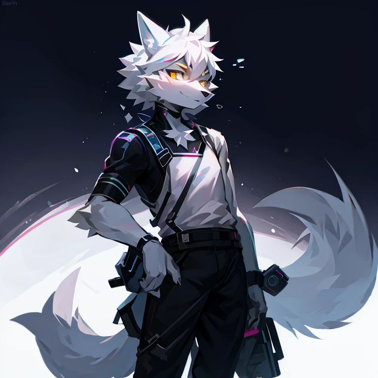 cyber punk perssonage,epcot,Tech style,solo person,White body,White ears,White hair,Overall white,Orange-yellow eyes,Wolf tail,Wolf orcs,Young,Wear a short-sleeved shirt,Ultra-clear screen,Soft lines