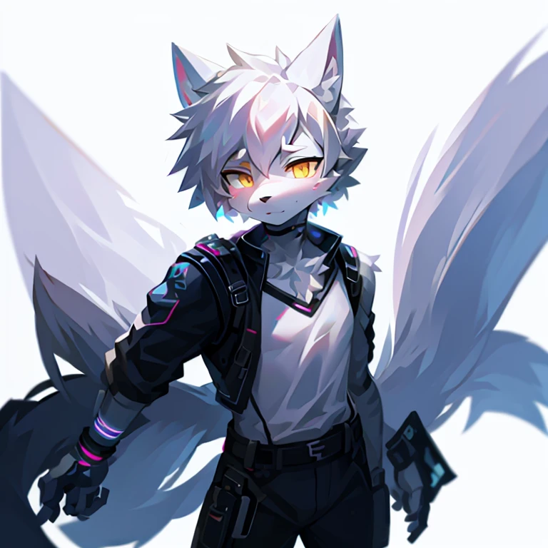 cyber punk perssonage,epcot,Tech style,solo person,White body,White ears,White hair,Overall white,Orange-yellow eyes,Wolf tail,Wolf orcs,Young,Wear a short-sleeved shirt,Ultra-clear screen,Soft lines