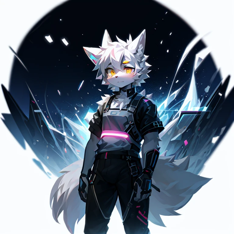 cyber punk perssonage,epcot,Tech style,solo person,White body,White ears,White hair,Overall white,Orange-yellow eyes,Wolf tail,Wolf orcs,Young,Wear a short-sleeved shirt,Ultra-clear screen,Soft lines