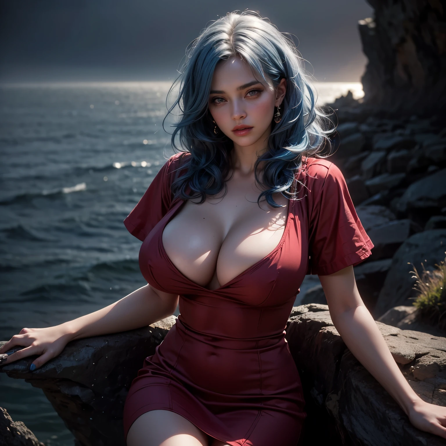 (sharp focus:1.2), photo, attractive young woman, (beautiful face:1.1), detailed eyes, luscious lips, (smokey eye makeup:0.85), (huge breasts:1.0), (fragile body:1.2), (wavy blue hair:1.2), wearing (mini red dress:1.2) on a (cliffside:1.2). (moody lighting:1.2), depth of field, bokeh, 4K, HDR. by (James C. Christensen:1.2|Jeremy Lipking:1.1).