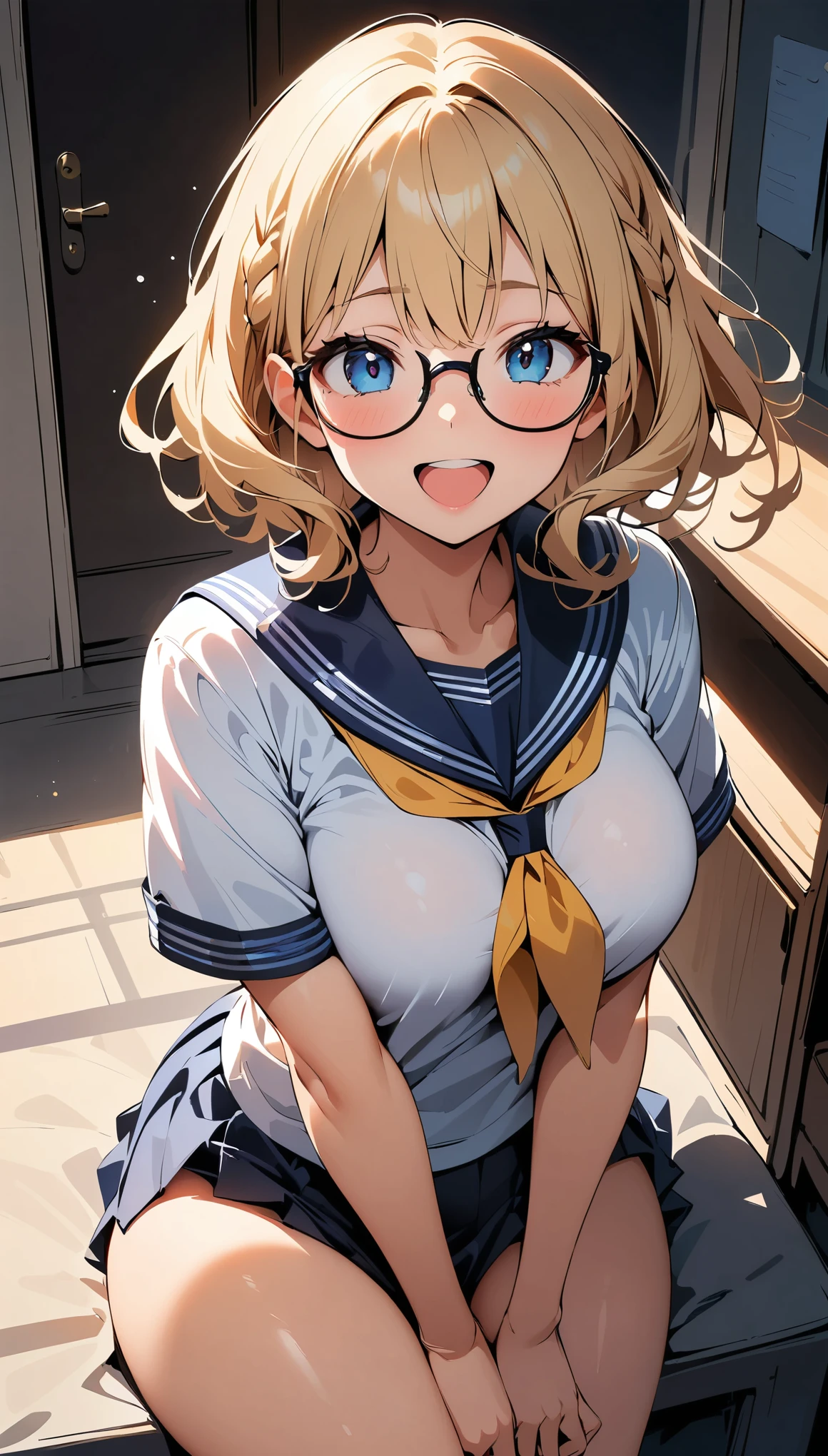 (high quality, 8K, 4k, high contrast, masterpiece:1.2, 最high quality, best aesthetics), (dynamic angle), ((1 female)), erotic, sexy, mature body, JK, , Braid, Glasses, sexyな唇, excited, Chairman, sailor suit:1.2, open your mouth.