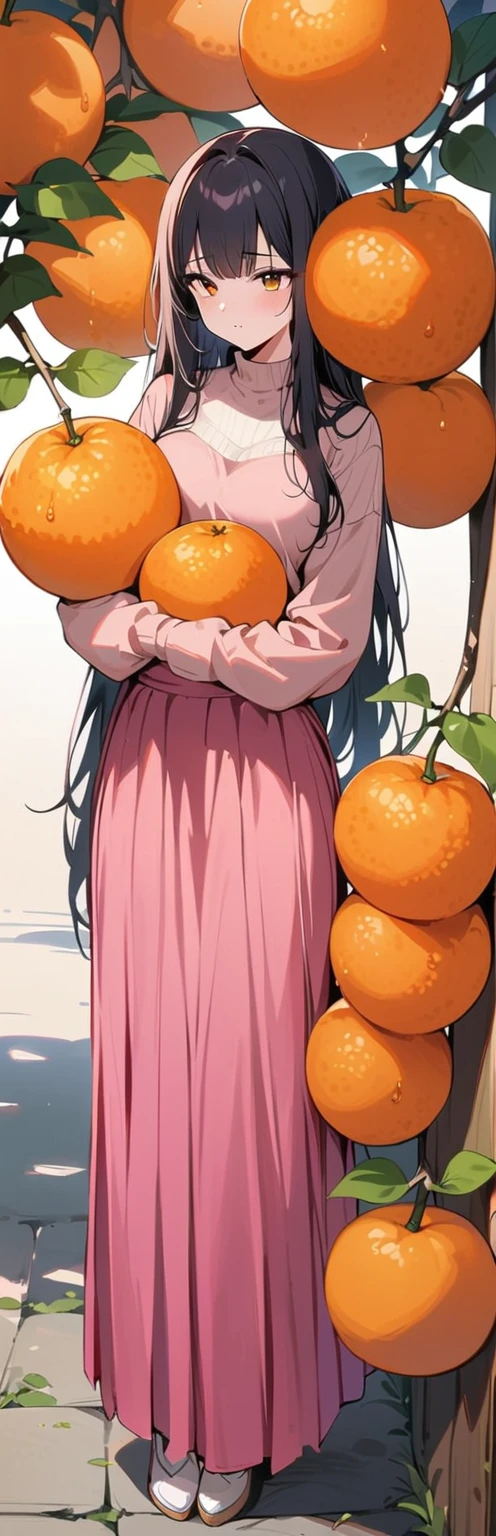 (masterpiece, best quality:1.2), 1 girl, alone,permanent_, 
Mandarin oranges, long hair，Black无袖短背心，Pink skirt，Black