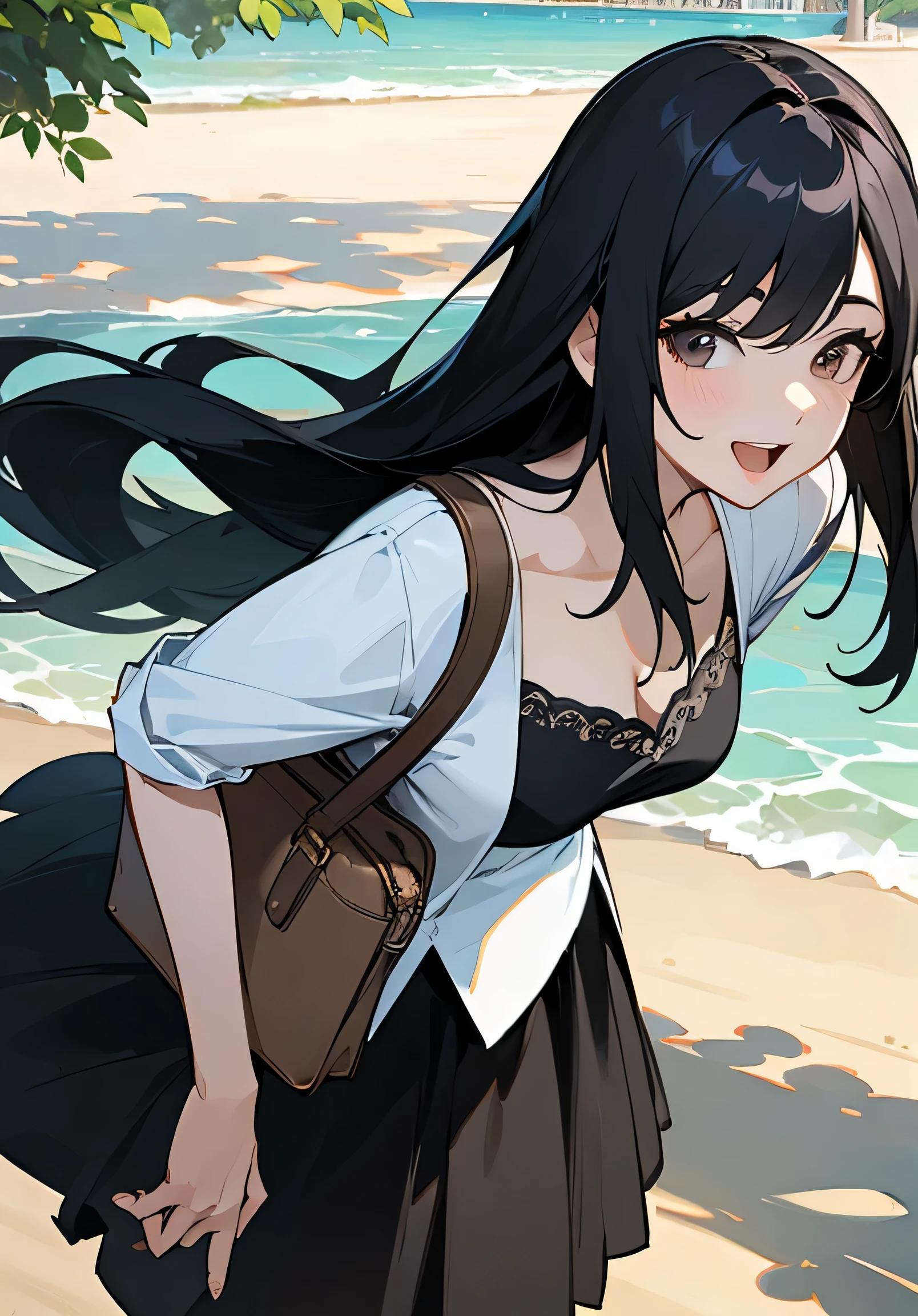 {best quality},sunny、park、Parks by the sea、long black hair、mature woman、Big beautiful breastischievous smile、open-mouth、dress shirt in v-neck、skirt、sandals、shoulder bag、High angle、close-up、looking at the camera、Waiting in the shade