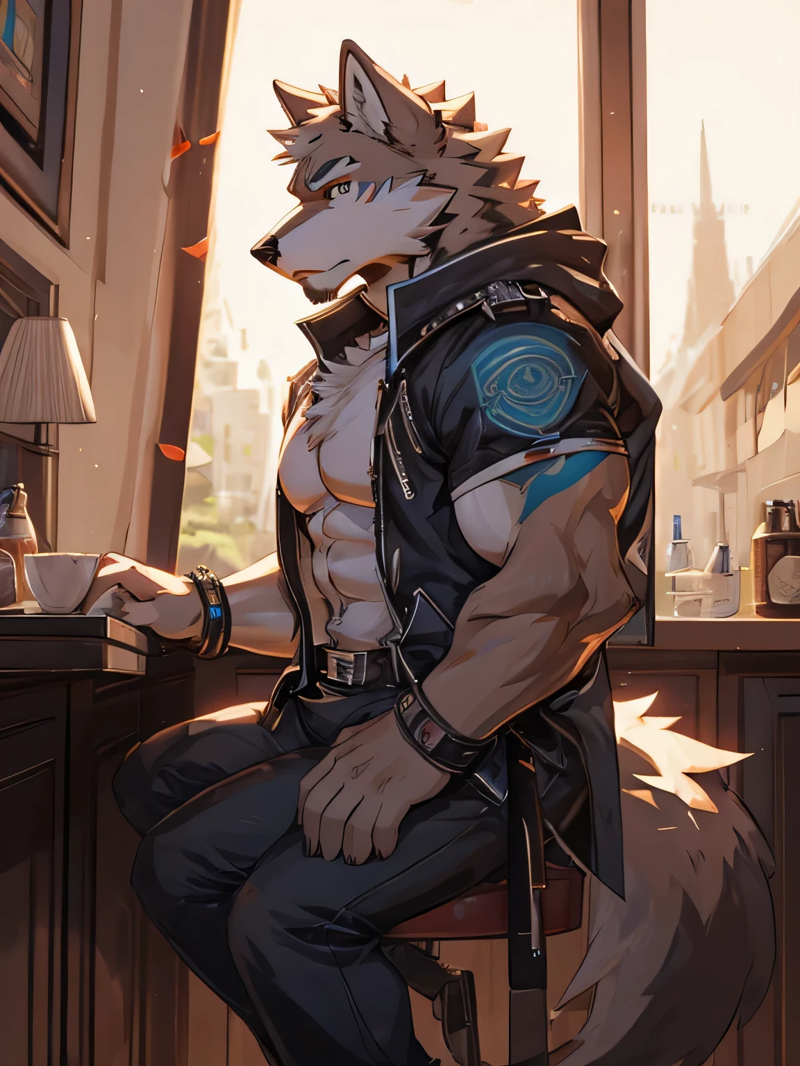 male, muscular,Wolf,only,The upper body is unclothed,Wearing light blue jeans,The background is the beach,big muscles,sit on the chair,high quality,high detail,8K