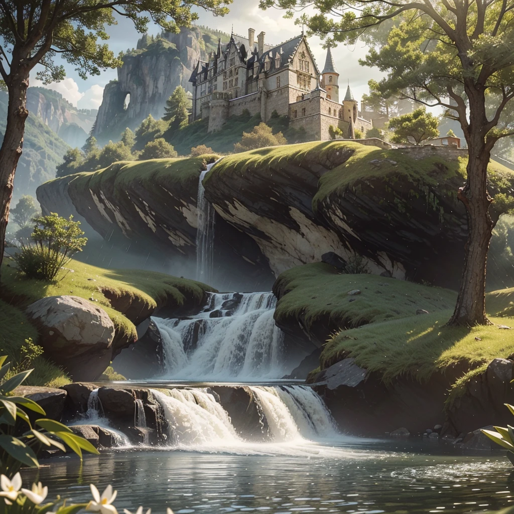 A charming and cute scene unfolds in the spring summer atmosphere, centered around a castle rock backdrop. A rain cloud hovers overhead, adding a touch of mystery and whimsy to the scene. The castle rock, bathed in the soft light of the sun, is intricately detailed, showcasing its ancient and majestic beauty. The rain cloud, with drops of water gently cascading down its sides, is incredibly realistic, capturing the essence of a spring rain shower. The scene is imbued with a sense of peace and tranquility, as if inviting the viewer to step into the picture and explore its magical depths. The overall composition exudes a delightful charm, making it a master