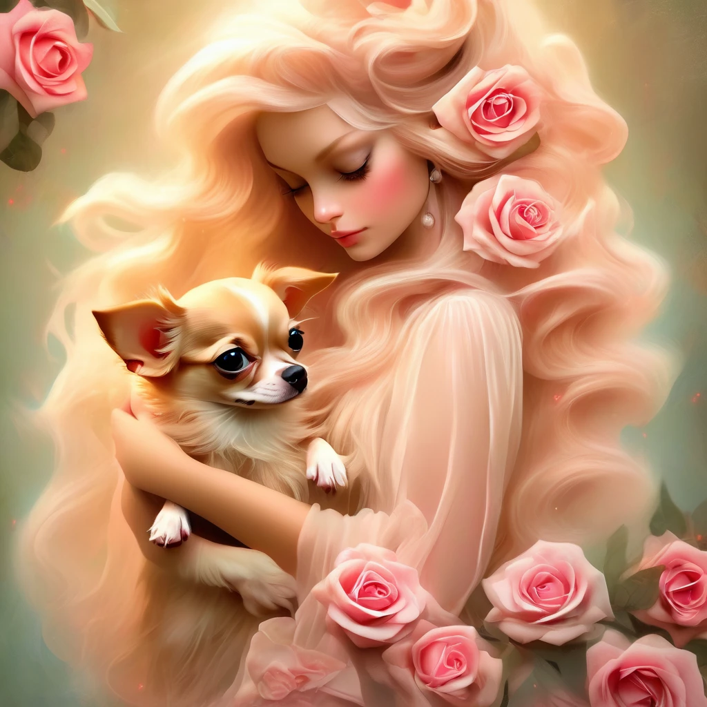 long hair、A woman with pink roses in her hair is holding a small chihuahua in her arms, background number 28,beautiful digital illustrations, Beautiful artwork illustration, amazing digital illustrations, beautiful digital artwork, Works that influenced Anna Dittmann, amazing digital art, exquisite digital illustration, In the style of Anna Dittmann, beautiful digital art, beautiful amazing digital art, very beautiful digital art, beautiful fantasy art