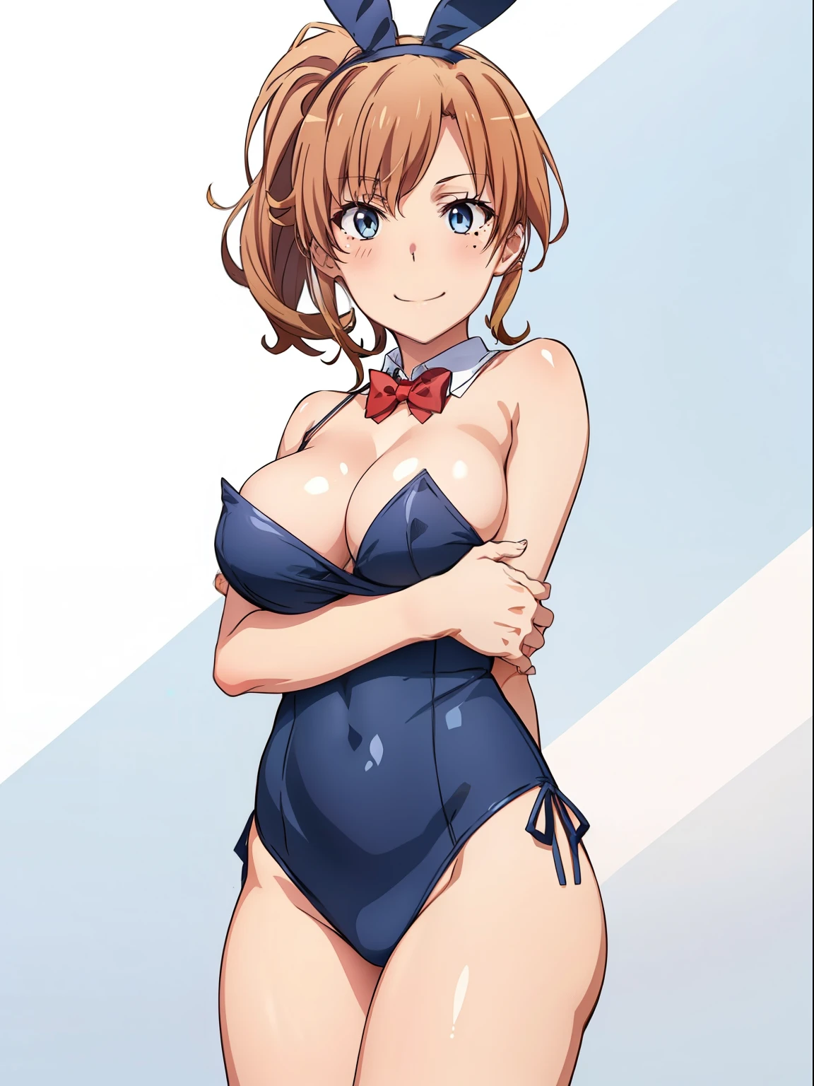 ((masutepiece, Best Quality, hight resolution, nffsw, Perfect Pixel, depth of fields, 4K, )), 1girl in, Solo, , Beautiful anime girl, Beautiful Art Style, close up, Looking at Viewer, Perfect body, Short hair, brown hair, ponytail, mole on face, blue eyes, (large boob), Full face blush, Smile, thighs thighs thighs thighs, navy playboy bunny, red bowtie, white background, hugging, cowboy shot, Focus,