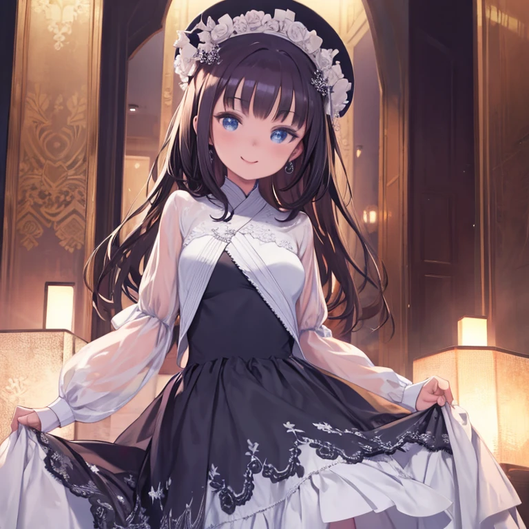 masterpiece, highest quality、Medium wide shot、1. A woman with beautiful eyes、smiling、dress、dress、