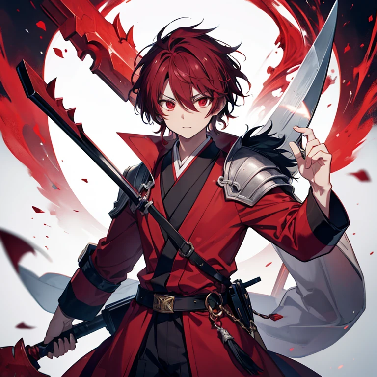 Gyutaro from demon slayer holding a giant sickle that glows crimson red