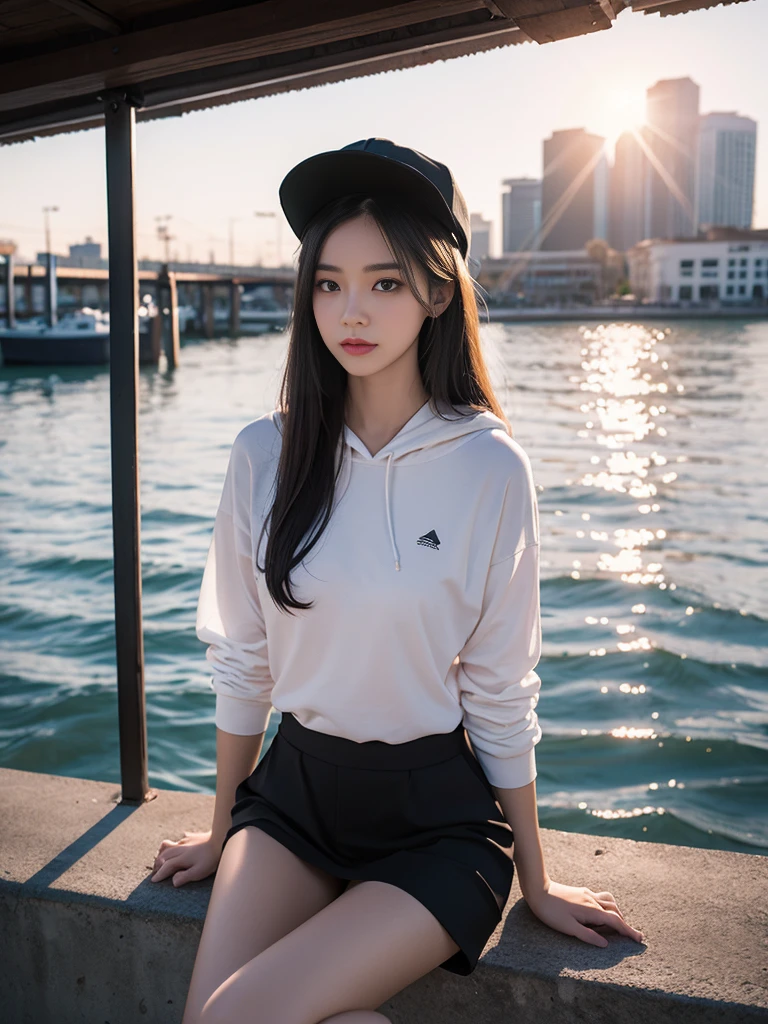 (best quality,8K,high resolution,masterpiece:1.2),Super detailed,(actual,photoactual,photo-actual:1.37),portrait,style,rich and colorful,soft focus,Warm colors,Beautiful and delicate eyes,Long eyelashes,Detailed face,medium shot,view from above,Chest,upper body of a girl,long white hair,yellow eyes,hairpin,white short shirt,black hoodie,black baseball cap,black knee socks,Black over-the-knee boots,Sunset,中世纪port,port,calm water,sun reflection