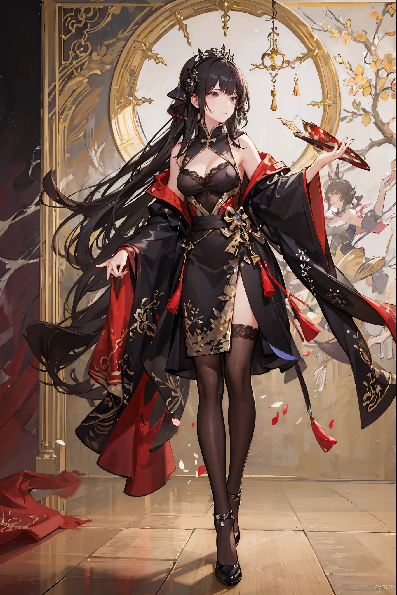 (extremely detailed 8K wallpaper),(ultra-detailed),(best quality),(masterpiece),(highly detailed),(cinematic lighting),(Original),Cold ligh，moody,(Chinese elaborate-style painting ),ink style，1girl,purple clothes，black eyes，long black hair