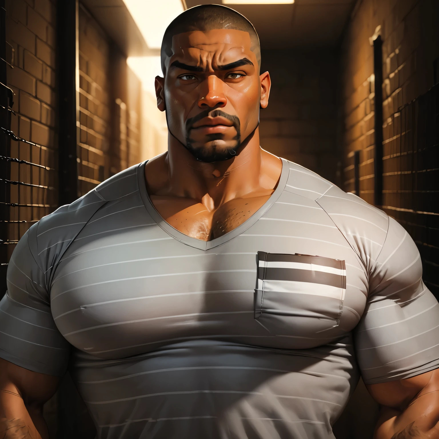 an exaggeratedly muscular and large bodyguard, beefy build, beard, dark-skinned african american male, buzzcut hair with square line, (suspicious expression: 1.2), (wearing striped grey prison shirt: 1.2), barely buttoned, school logo on shirt, (bara pecs: 1.3), (arm and chest hair: 1.1), portrait HD, dutch angle, (dirty prison hallway)
