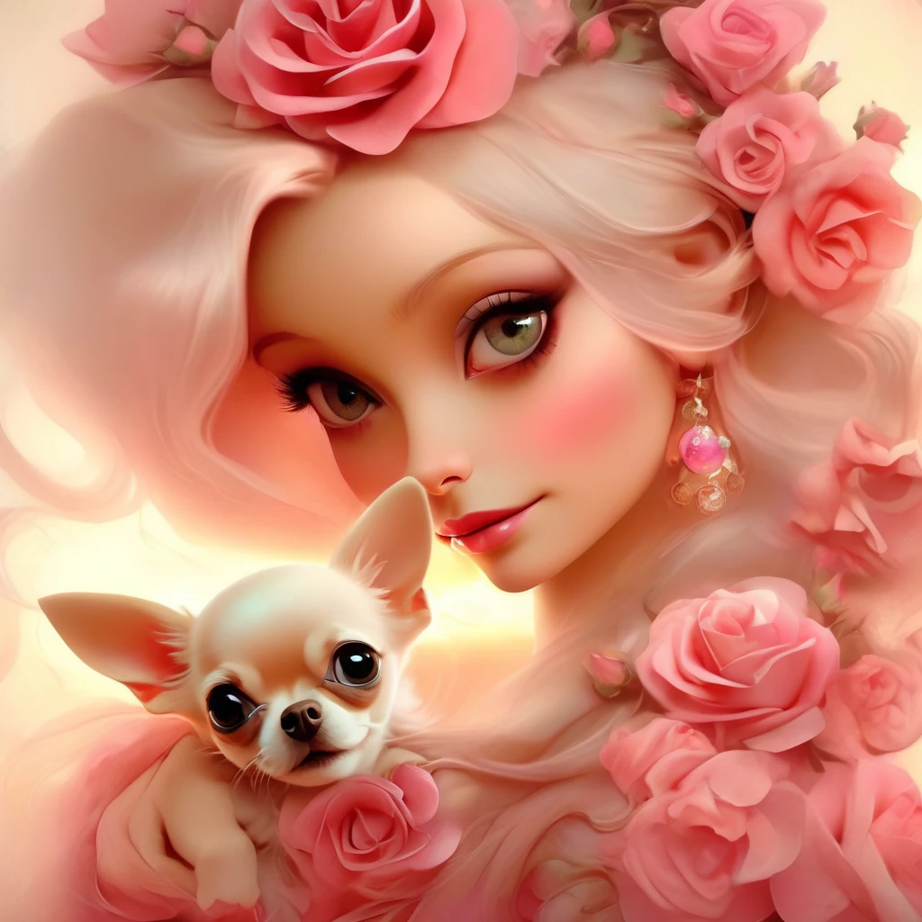 long hair、A woman with pink roses in her hair is holding a small chihuahua in her arms, background number 28,beautiful digital illustrations, Beautiful artwork illustration, amazing digital illustrations, beautiful digital artwork, Works that influenced Anna Dittmann, amazing digital art, exquisite digital illustration, In the style of Anna Dittmann, beautiful digital art, beautiful amazing digital art, very beautiful digital art, beautiful fantasy art
