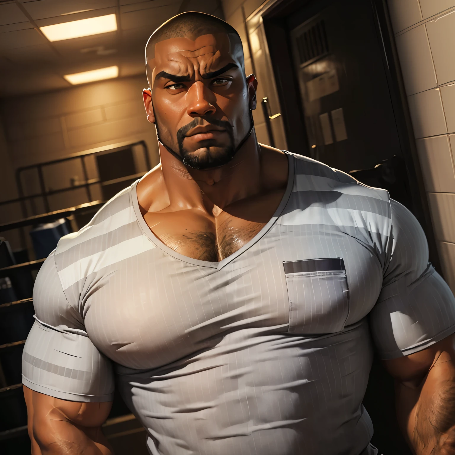 an exaggeratedly muscular and large bodyguard, beefy build, beard, dark-skinned african american male, buzzcut hair with square line, (suspicious expression: 1.2), (wearing striped grey prison shirt: 1.2), barely buttoned, school logo on shirt, (bara pecs: 1.3), (arm and chest hair: 1.1), portrait HD, dutch angle, (dirty prison hallway)