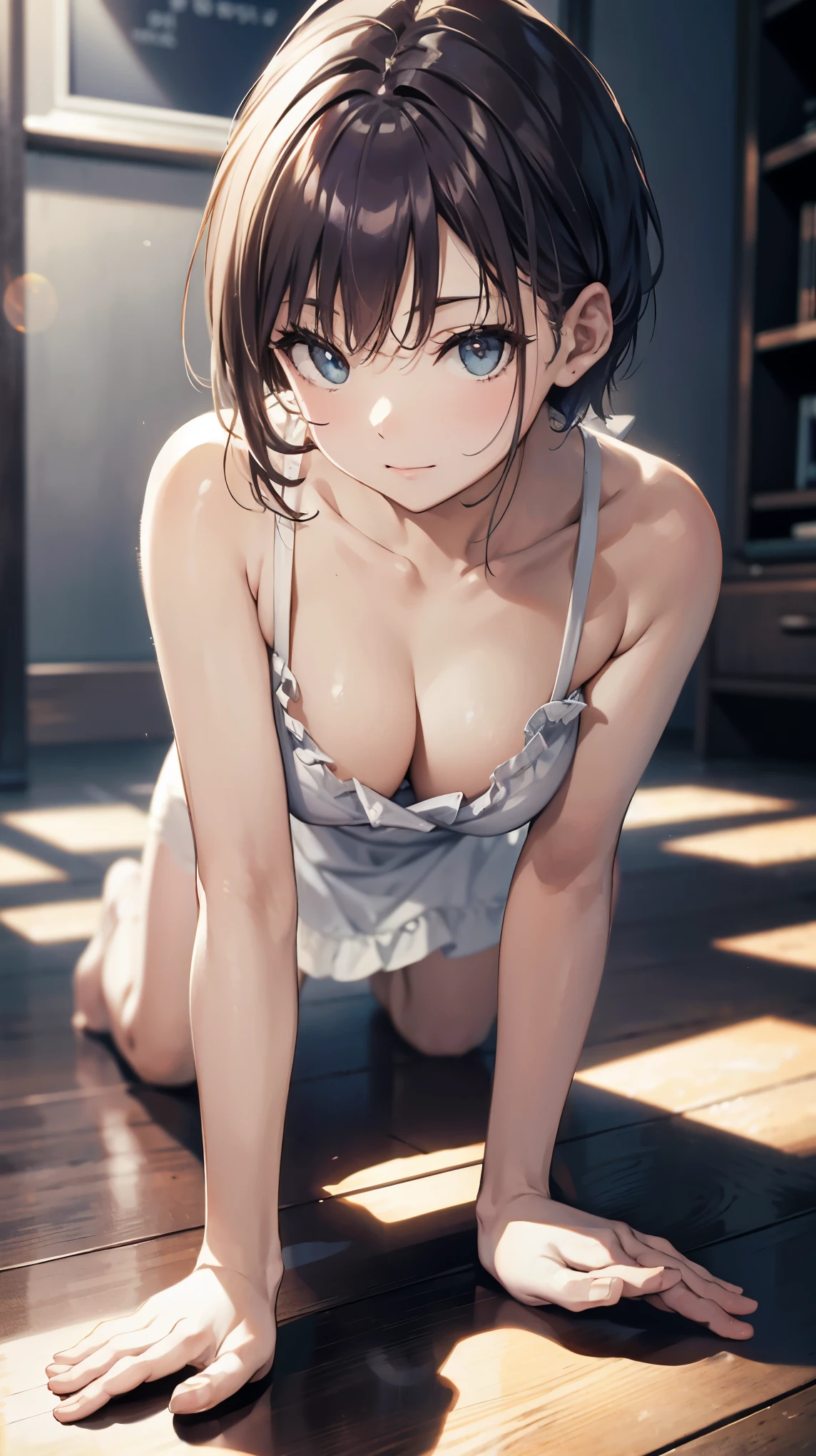 official art, unity 8k wallpaper, Super detailed, masterpiece, highest quality, 1 female, (very detailed),(Raw photo、highest quality)、(realistic、Photoreal:1.3)、high detail、顔のvery detailed複雑な 3D レンダリング、(very detailed肌:1.2)、dynamic angle, fire glow effect,  professional lighting, side light, cinematic light, 超A high resolution, 8K , film grain,best shadow, particles of light, Fine skin texture, detailed face, intricate details, Super detailed, shine, Please reconsider、full body,、beautiful face、blurred background、18 year old beautiful girl、shiny skin、thin、nice companion、delicate body、thin legs、naked apron、((get down on all fours))、beautiful back、butt、turn around、A photo from a little behind、bend your body、