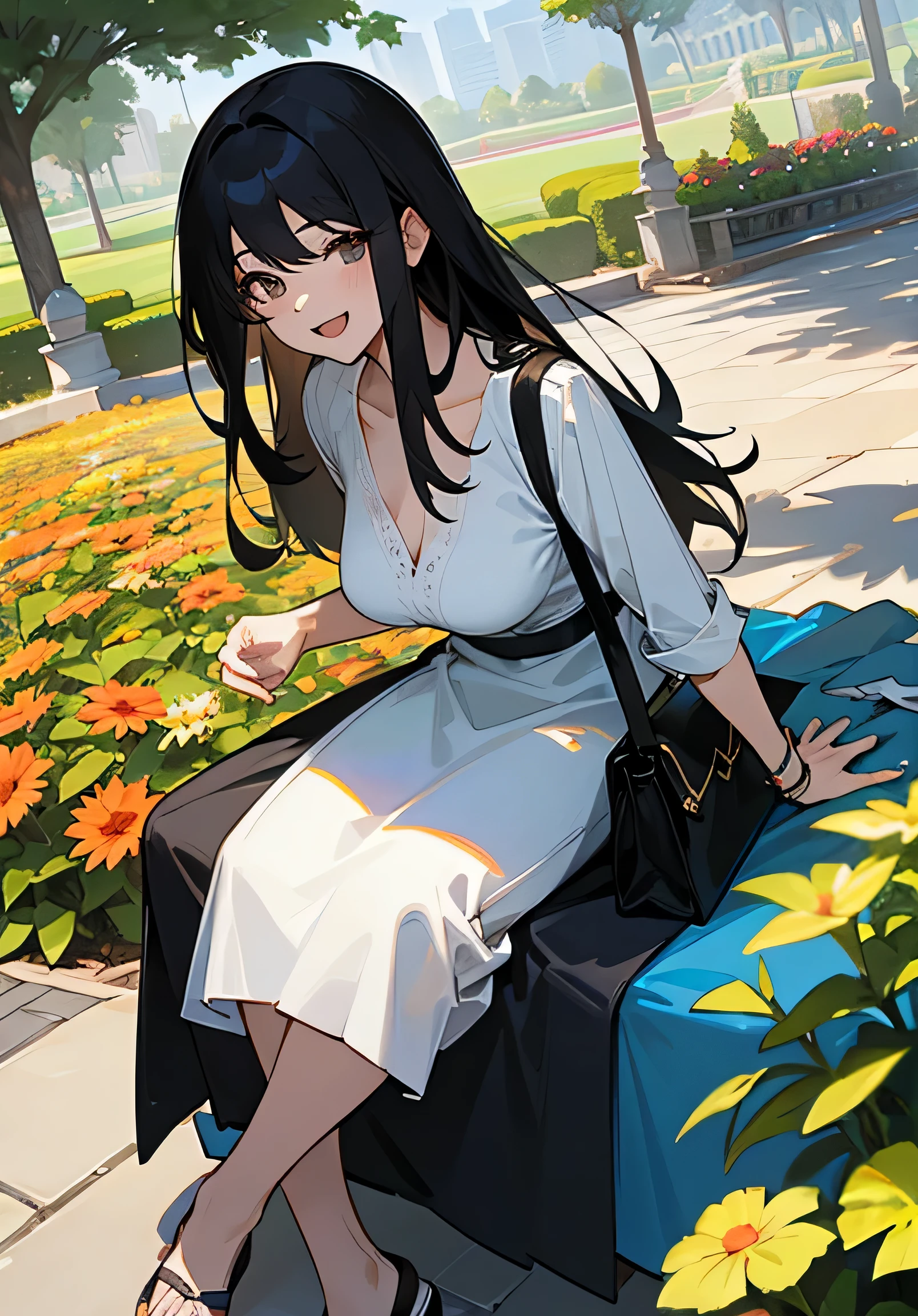 {best quality},sunny、park、meeting、garden、long black hair、mature woman、Big beautiful breastischievous smile、open-mouth、dress shirt in v-neck、skirt、sandals、shoulder bag、High angle、close-up、looking at the camera、Waiting in the shade