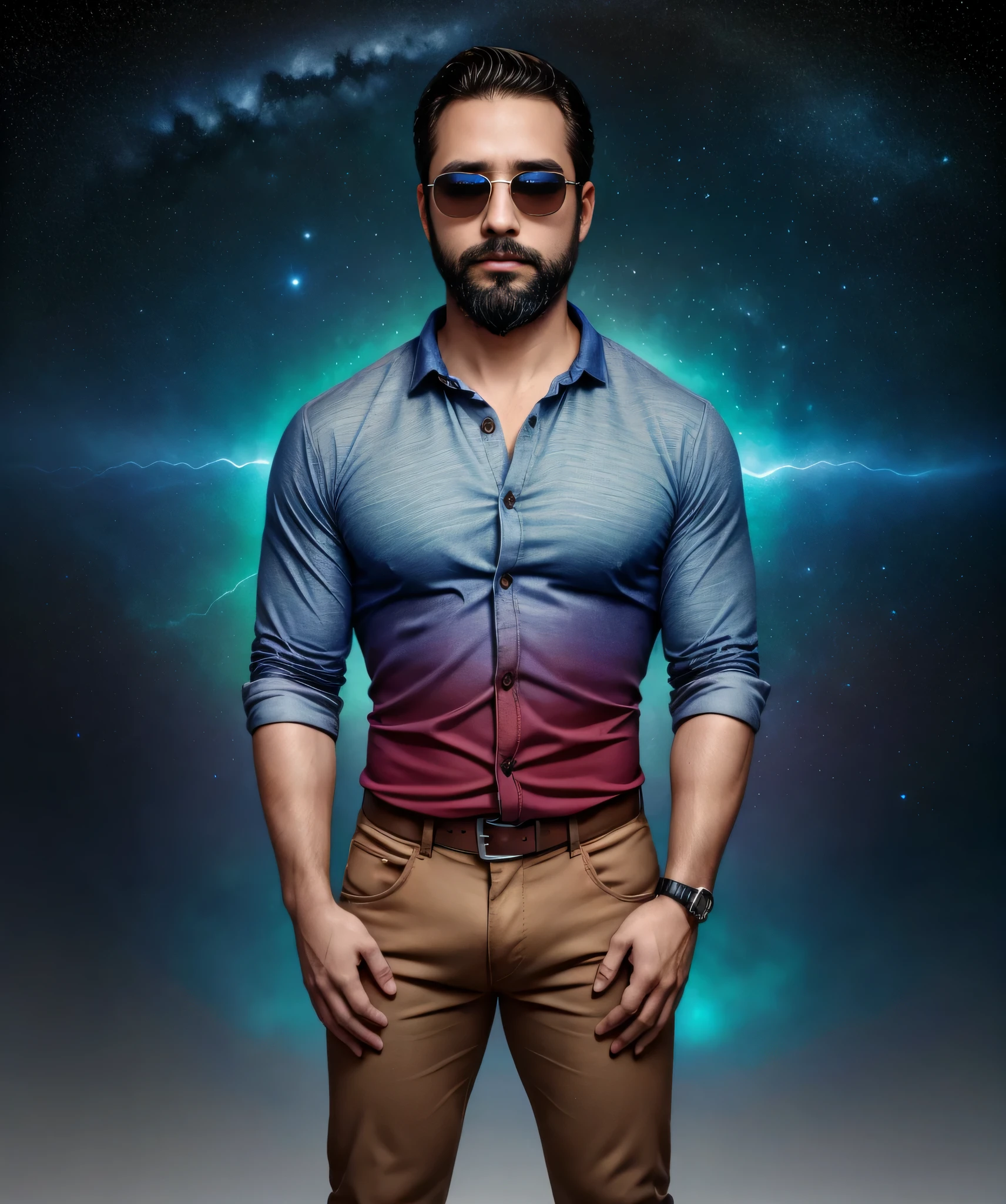 Obra maestra, desenfoque de campo, Parte superior del cuerpo, Hands in pants pockets, 38 year old man with beard and square sunglasses. Man wearing a shirt with a color gradient in the space movie with a laser storm in the background.