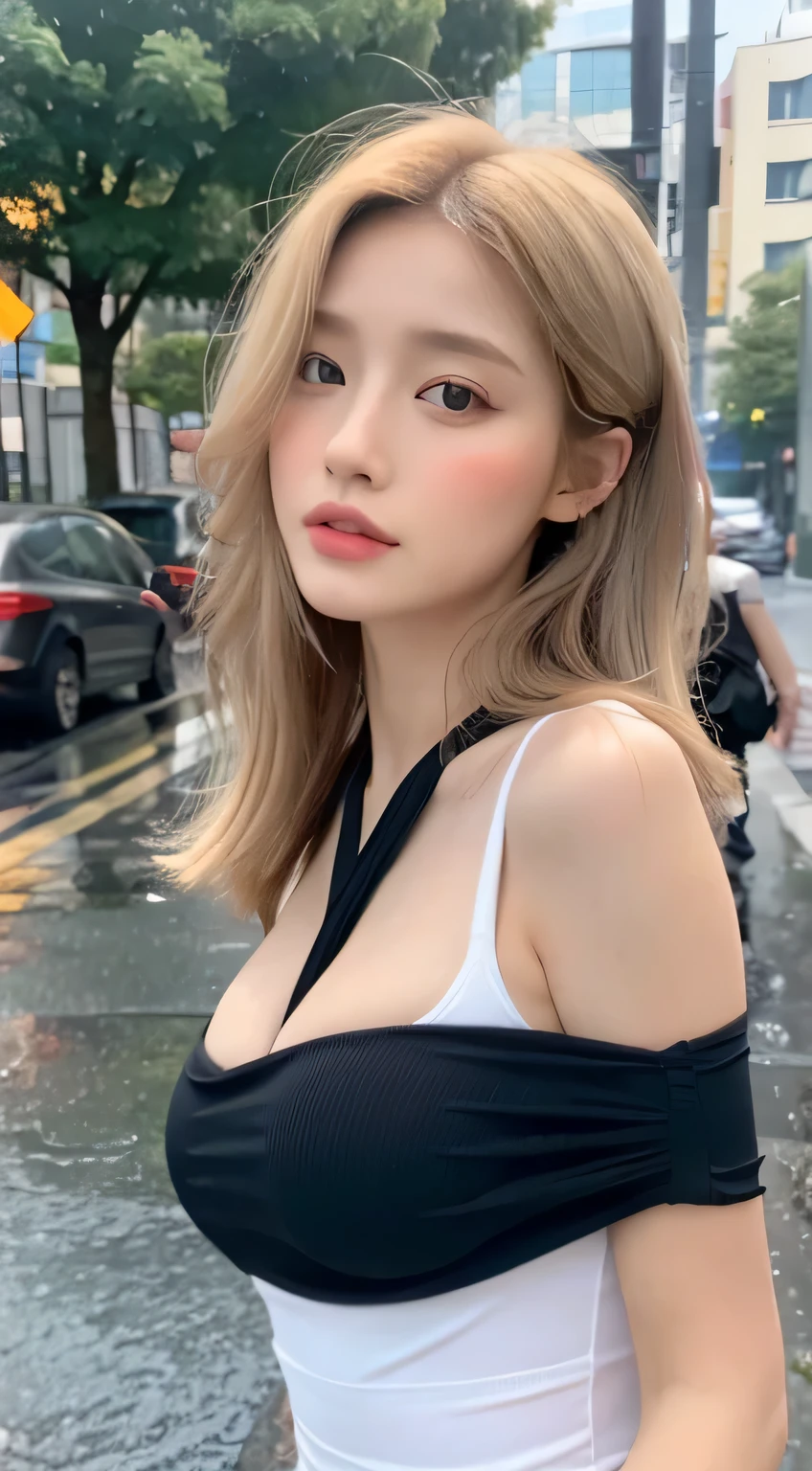 ((medium sized breast, tomboy girl, small head)), Daytime, sunlight, (Belly chisel : 1.1), (perfect body : 1.1), (long straight hair : 1.2) , silver hair, shirt collar, chain, Take the whole body, Busy streets, topless., pubic hair, ((nude)), (วอลล์เปเปอร์ CG 8k ที่very detailed), (Delicate and extremely beautiful), (Masterpiece), (best quality:1.0), (very high:1.0),  beautiful light ,perfect lightning, realistic shadows, [high resolution], Fine skin, very detailed