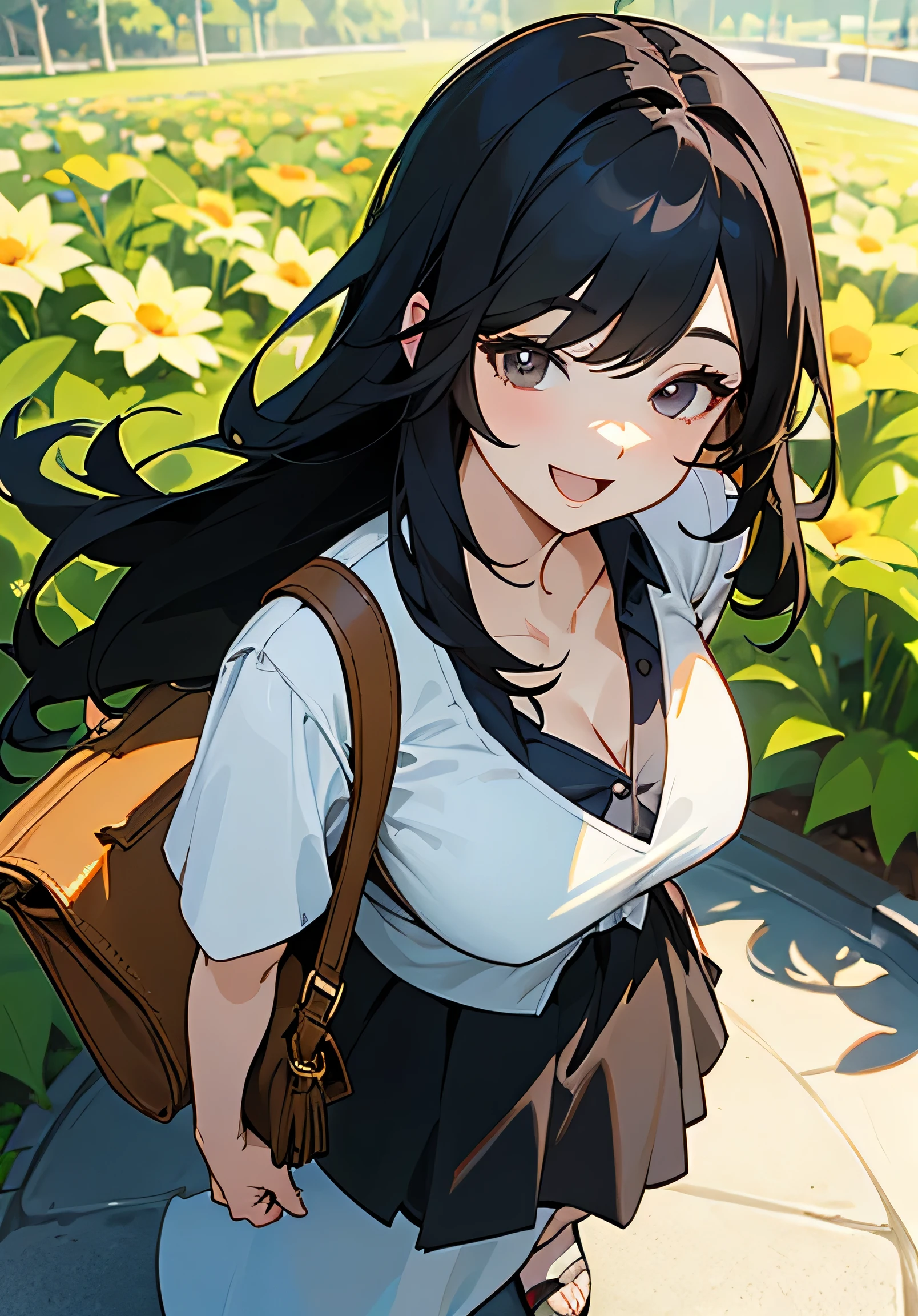 {best quality},sunny、park、meeting、garden、long black hair、mature woman、Big beautiful breastischievous smile、open-mouth、dress shirt in v-neck、skirt、sandals、shoulder bag、High angle、close-up、looking at the camera、Waiting in the shade