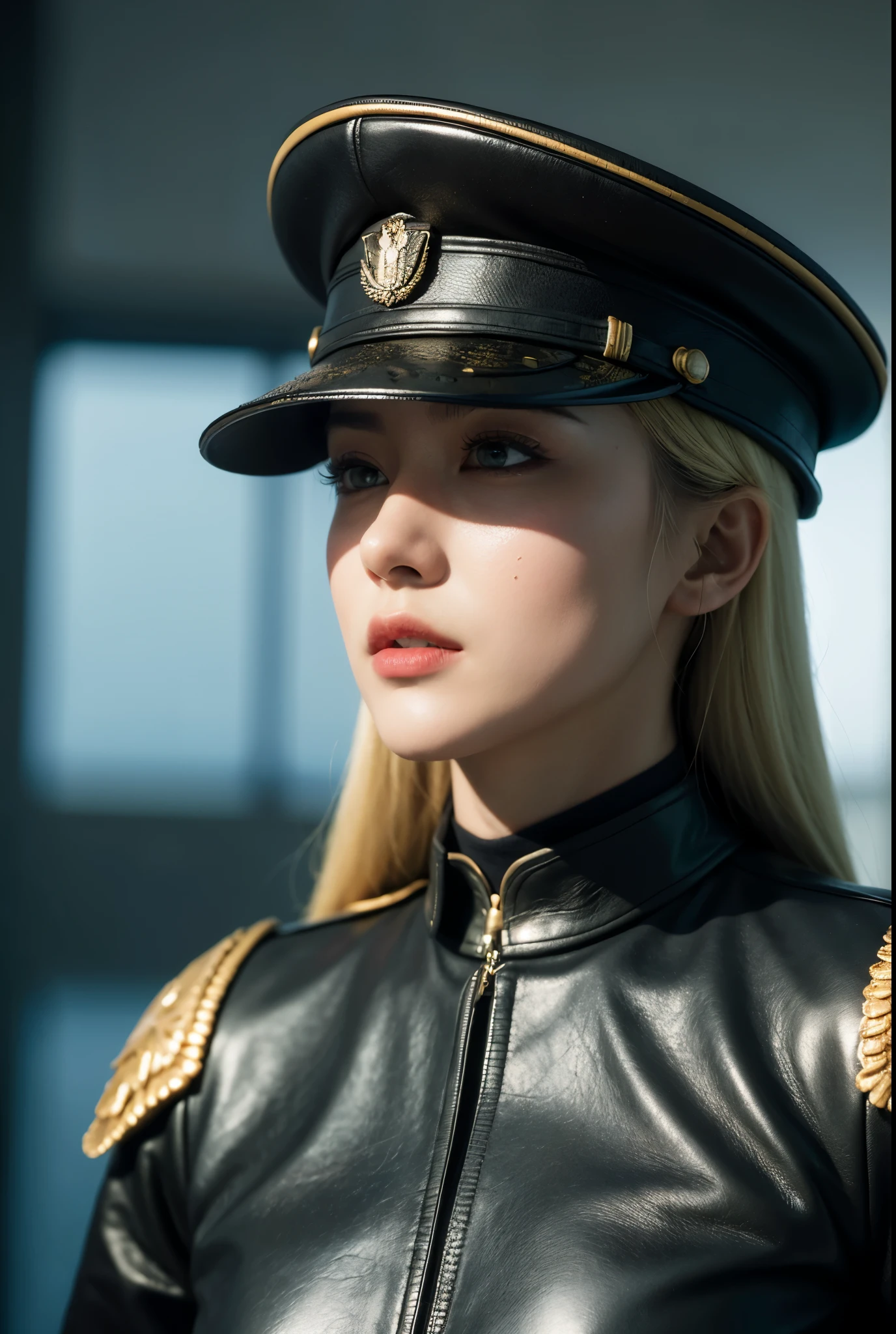 ((Best quality)), ((masterpiece)), (detailed:1.4), 3D, an image of a beautiful female,wearing a  black leather uniform, military hat, commander,, angry face, blonde hair, blu eye, HDR (High Dynamic Range),Ray Tracing,NVIDIA RTX,Super-Resolution,Unreal 5,Subsurface scattering,PBR Texturing,Post-processing,Anisotropic Filtering,Depth-of-field,Maximum clarity and sharpness,Multi-layered textures,Albedo and Specular maps,Surface shading,Accurate simulation of light-material interaction,Perfect proportions,Octane Render,Two-tone lighting,Wide aperture,Low ISO,White balance,Rule of thirds,8K RAW,