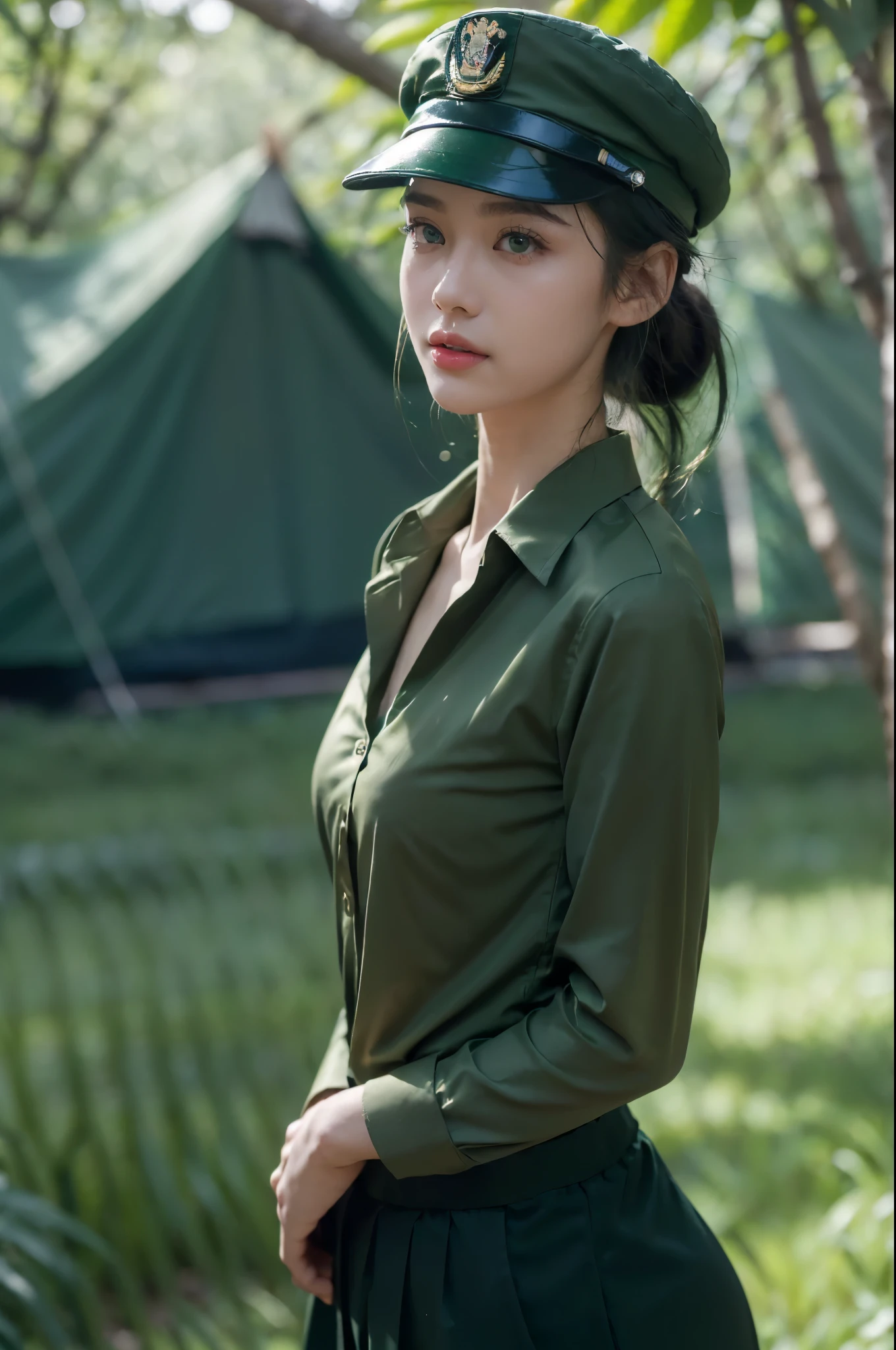 8k, Ultra-high resolution, Highest quality, masterpiece, 三分割法によるphotograph,Surreal, photograph, 1 Girl, (16 years old:1.3), pretty girl, Cute Face, Beautiful eyes in every detail, 細かくdetailedに,masterpiece,One Girl:1.2,Japan Female Teachers,full body,furious,Black short hair,Bob with bangs, (Military clothing:1.3),Pencil Skirt,Muddy Face,Sharp contours,Looking down, (Dirty Face:1.3),battlefield, Light from above, Low contrast, (Side view),, Perfect and beautiful face ,完璧でCute Face, Skin with attention to detail, Perfect limbs、Narrow waist,Looking at the audience,(((Ideal body type))),A cup small breasts :2,Portraiture:2,Perfect Anatomy,鮮明なdetailed,detailed,Surreal,Light and shadow,darkness