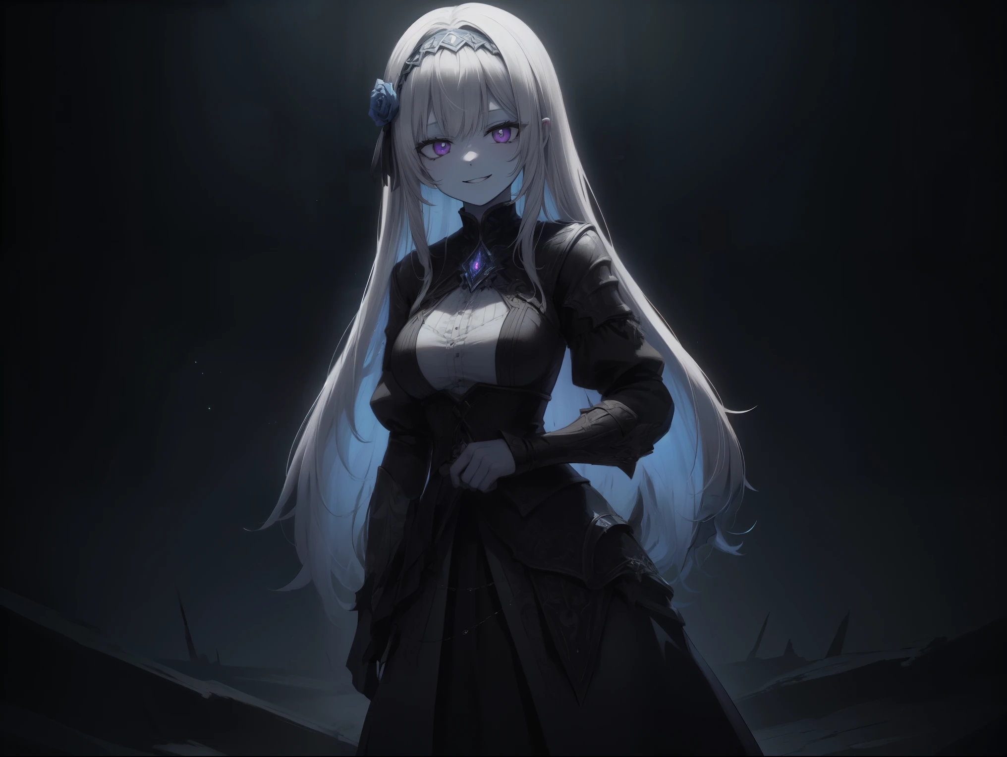 ((solo)), ((female)), solo, long hair, straight hair, white hair, purple eyes, ((blue skin, blue face, blue body)), black necromancer gear, blue rose vine headband, ((standing)), ((evil smile)), (up close), purple aura, dark dungeon setting, ((dark room)), candles, Very good figure, cinematic lighting, volume lighting, bright tone, warm color, colorful, masterpiece, super detail, high quality, best quality, highres, 16k,