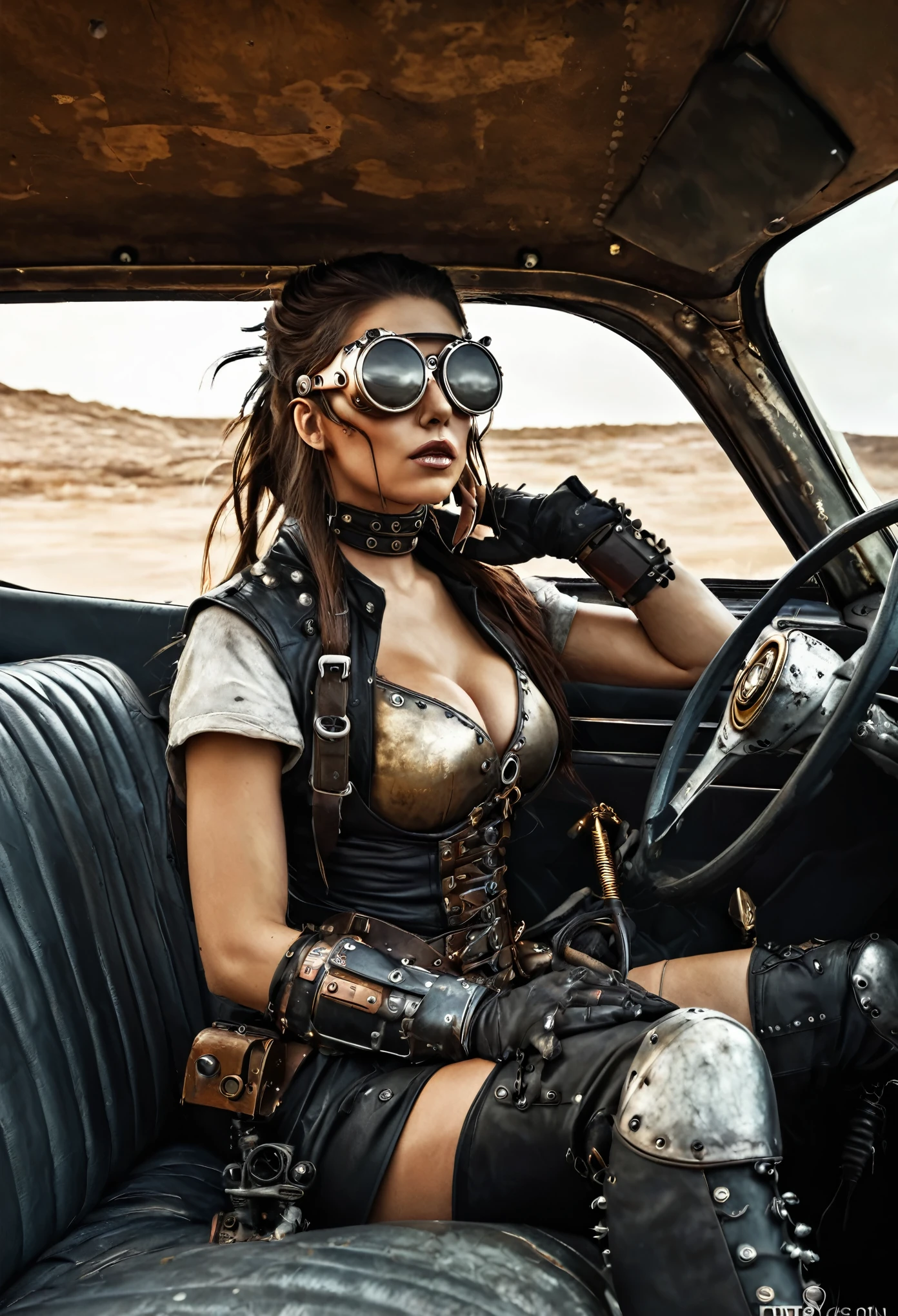 faithful image of an old rusty 1955 cadilac eldorado with METAL spikes on the hood, War vehicle, COM MUITOS ESPINHOS AO REDOR. RODAS GROSSAS, military style with modifications, the car is racing on a street suspended over a destroyed white concrete overpass in the center of a post-apocalyptic city with many buildings around, carro steampunk, dramatic art, estilo de arte dieselpunk, apocalyptic road warrior vibe, a girl with sunglasses is inside the car, the girl is dirty and hurt, ela usa roupas rasgadas e sujas, arte digital surreal, Mad Max inspirado, heavy metal artwork, simetria da face cromada, arte steampunk digital, It's not the Mad Max style, metal art, It's not Filip Hodas' art style, arte digital steampunk, dieselpunk, em um mundo hightech, foto na diagonal