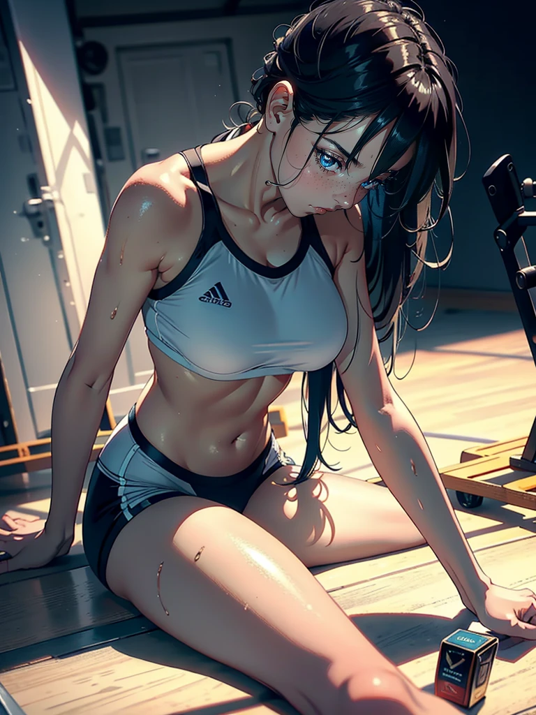 (ultra-realistic rendering, highest quality), ((highest quality, 16k, masterpiece: 1.3)), (beauty, 1 girl), (realistic photo shot in a dark studio), (medium full body shot), (20 year old girl posing sexy in gym),random pose, (Sexy sports outfits), sports leggings, play sports often, beautiful and detailed face, small breasts, glossy black hair, (realistic glowing skin), masterpiece, highest quality, High Resolution Scan, (professionally color graded), sharp focus, rim lighting, 薄darkです, two-tone lighting, dark, emphasized chest, young sensual gravure idol, Glossy skin that looks wet!!, shiny silver, Cute freckles on the cheeks,((beautiful skin)),((skin texture)),((Real Touch)),healthy, Ruddy, Hair tied up with a rubber band,