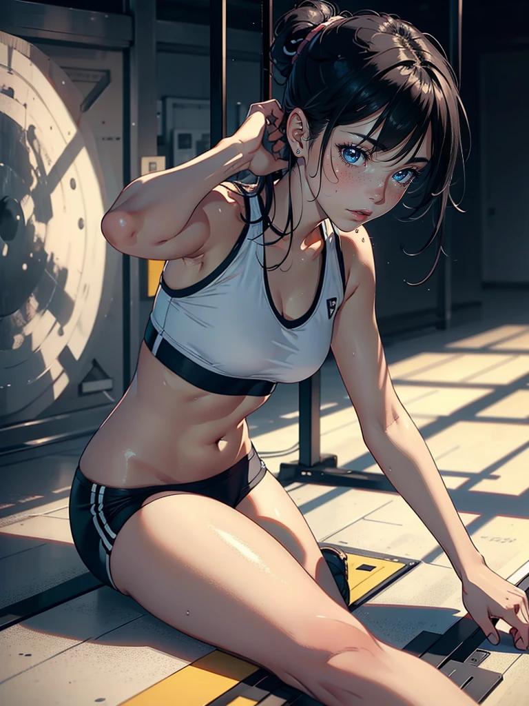 (ultra-realistic rendering, highest quality), ((highest quality, 16k, masterpiece: 1.3)), (beauty, 1 girl), (realistic photo shot in a dark studio), (medium full body shot), (20 year old girl posing sexy in gym),random pose, (Sexy sports outfits), sports leggings, play sports often, beautiful and detailed face, small breasts, glossy black hair, (realistic glowing skin), masterpiece, highest quality, High Resolution Scan, (professionally color graded), sharp focus, rim lighting, 薄darkです, two-tone lighting, dark, emphasized chest, young sensual gravure idol, Glossy skin that looks wet!!, shiny silver, Cute freckles on the cheeks,((beautiful skin)),((skin texture)),((Real Touch)),healthy, Ruddy, Hair tied up with a rubber band,