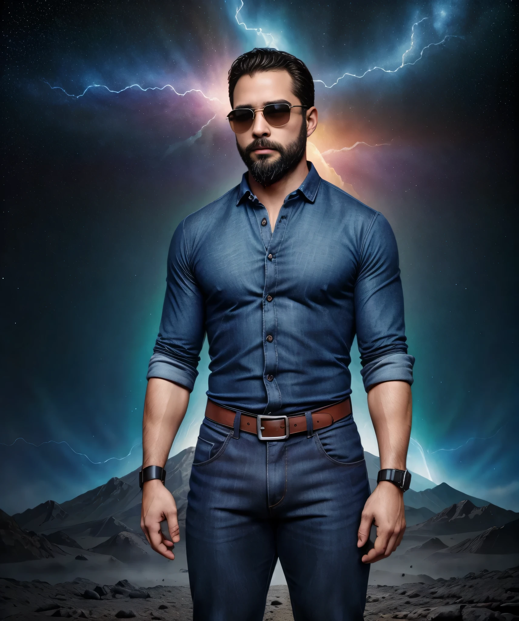 Obra maestra, desenfoque de campo, Parte superior del cuerpo, Hands in pants pockets, 38 year old man with beard and square sunglasses. Man wearing a shirt with a color gradient in the space movie with a plasma storm in the background.