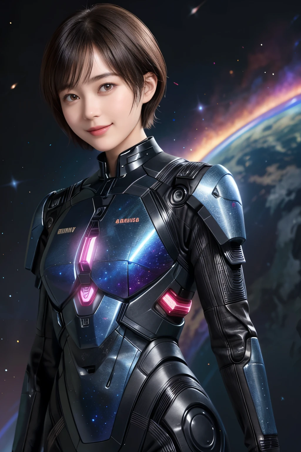 208 Short Hair, 20 year old female, Floral, gentle smile, futuristic clothes, mechanical suit, (The background is a galaxy and nebula)