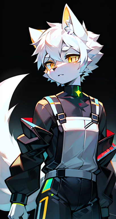 cyber punk perssonage，epcot，Tech style，solo person，White body，White ears，White hair，Overall white，Orange-yellow eyes，Wolf tail，Wolf orcs，Young，Wear a short-sleeved shirt，Ultra-clear screen，Soft lines