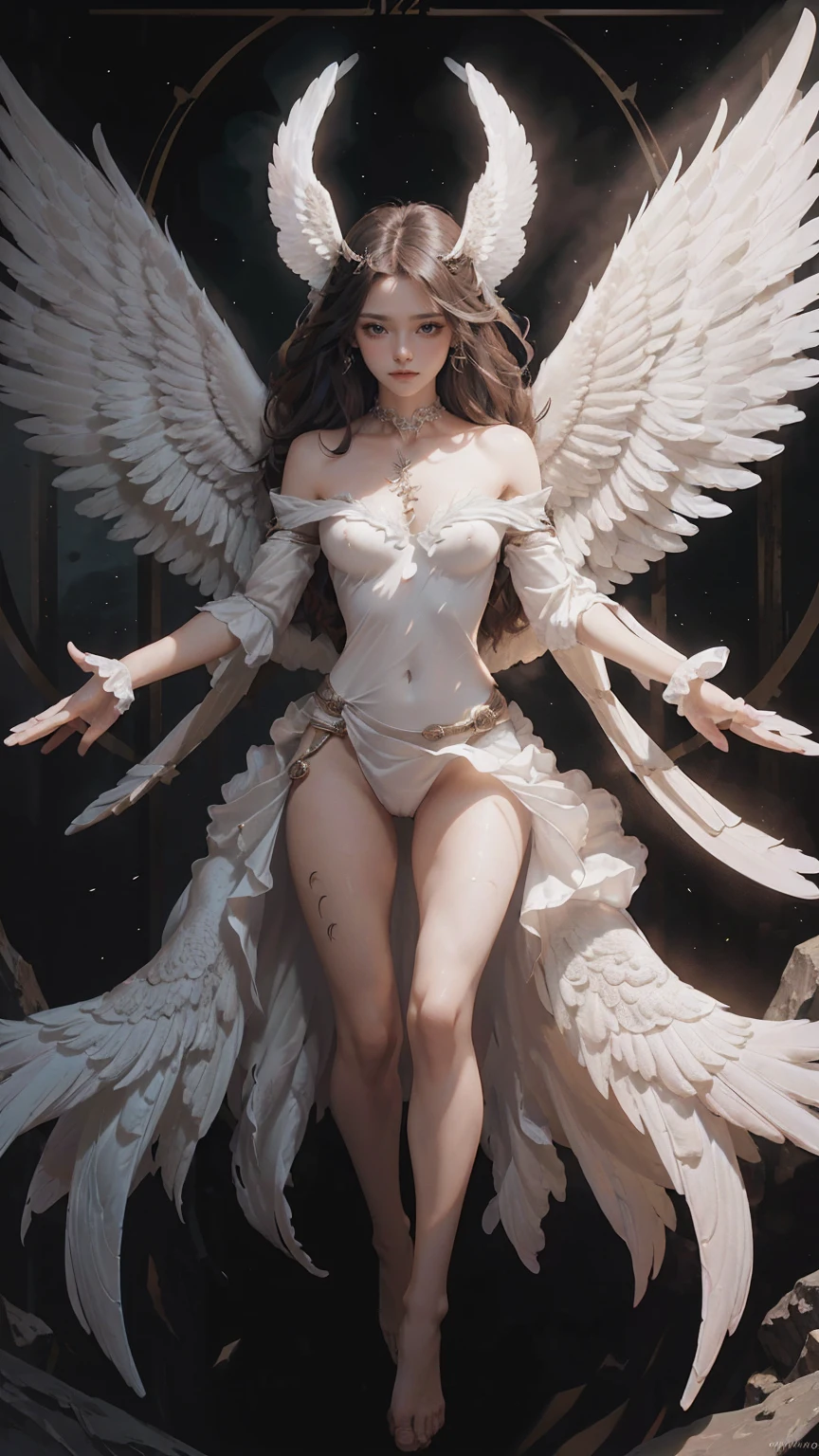 (Silhouette:1.5), (Realistic picture, highest resolution, 16k), ((She has 12 wings on her back:1.5), (6 white wings:1.5) and (6 black wings:1.5)), ((She has 12 wings on her back.:1.5), (12 white wings:1.5) and (12 black wings:1.5)), (many wings, wings separated, 12 wings on her shoulders:1.4, เทพเจ้าที่มีปีกกว้างandมีพลังมหาศาลอยู่บนไหล่ของเขา, Add dynamic wings), (12 wings on the shoulders:1.6), (Beautiful girl with two meter long hair, striking long hair, Beauty that comes from long hair, long black hair), (Smooth white skin, Smooth white skin, Smooth white skin), (Lips are very red.,), ((stand, that is finished)), (Huge breasts, Massive breast, The breasts are soft and fluffy., Plump breasts, A gigantic rift, Huge breast), (thin body, flat stomach, small waist, hips raised, small thighs, Long legs), (dynamic post), (Female height 172 centimeters), (perfect proportions, Anatomically correct, proportional anatomy), (full body, เหมือนfull body, See the whole body., Visible in every part of the body), (Porn, naked, exposed body, not wearing clothes, naked, naked, not wearing underwear, Hot striptease, see pussy, see tits, Look at that pussy., see breasts, Breasts that are too large, Shave pubic hair), (standเขย่งเท้า, Float in the air), (powerful wings, Mighty 12 wings:1.6, gigantic wings), (scene, ความdark, ในที่dark, deep shadow, dynamic light, Take realistic photos, background, dark, at night), The magic circle is behind., จักรวาลที่darkมิด, Wings that shine on their own, ((12 wings on the shoulders)), Twelve wings on the back, full body, See head to toe, She's boasting., naked body, bare, not wearing clothes, see tits and pussy, perfect body, flawless, angel highest level, Angel MAX level,