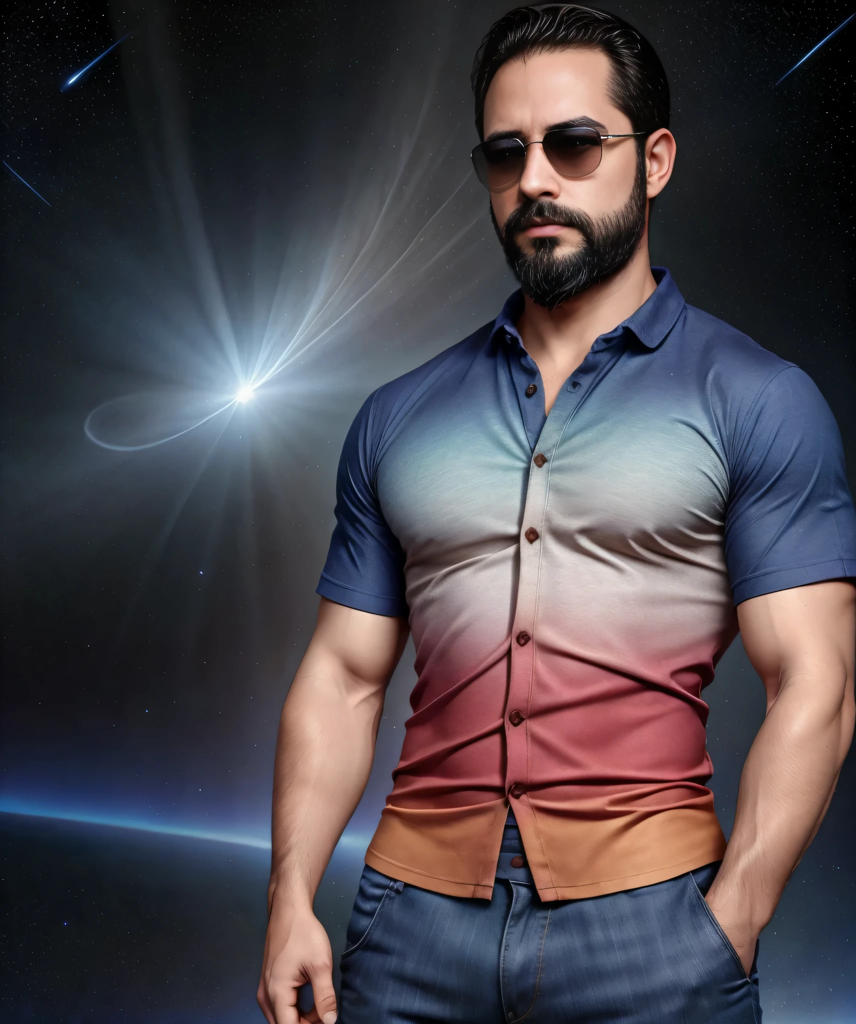 Obra maestra, desenfoque de campo, Parte superior del cuerpo, Hands in pants pockets, 38 year old man with beard and square sunglasses. Man wearing a shirt with a color gradient in the space movie with a laser storm in the background.