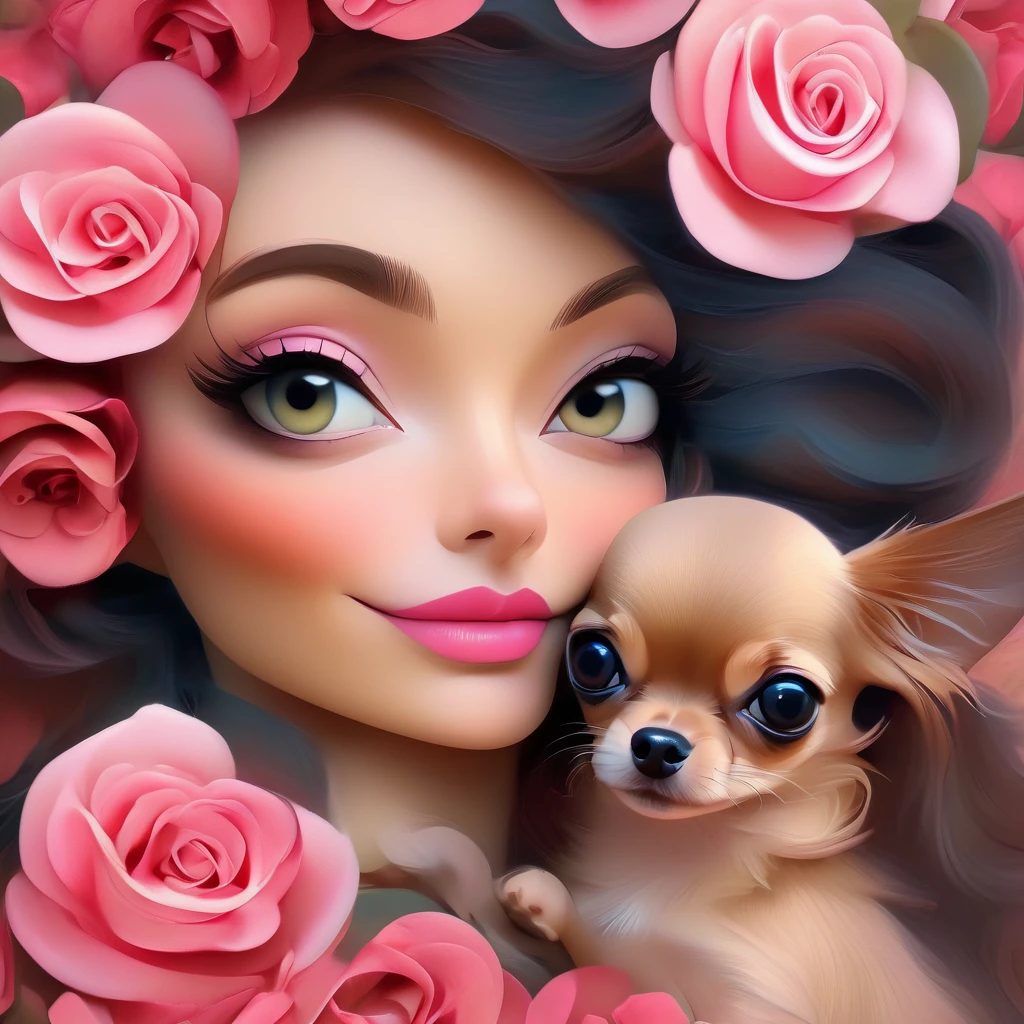 long hair、Modern woman with pink rose flowers in her hair holding a small chihuahua in her arms, background number 28,beautiful digital illustrations, Beautiful artwork illustration, amazing digital illustrations, beautiful digital artwork, Works that influenced Anna Dittmann, amazing digital art, exquisite digital illustration, In the style of Anna Dittmann, beautiful digital art, beautiful amazing digital art, very beautiful digital art, beautiful fantasy art