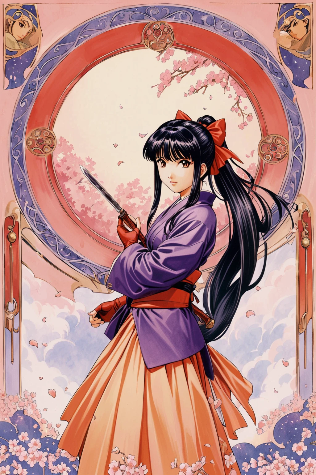 masterpiece, highest quality, divine quality, godlike art, Art Nouveau watercolors, highly detailed face, very realistic, cute, Shinguji Sakura, 1 girl, arms, alone, sword, kimono, bow, black hair, red bow, long hair, brown eyes, gloves, petal, fingerless gloves, cherry blossoms, knife, hair bow, ponytail, kimono, Similarly, Similarly skirt, traditional media,