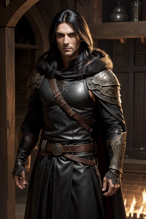 Male human, caucasian, slim, toned, long black hair, hazel-green eyes. Wearing black leather armor. A pair of scimitars hang from his belt in ornate sheathes. A furred cloak hangs over his shoulders.