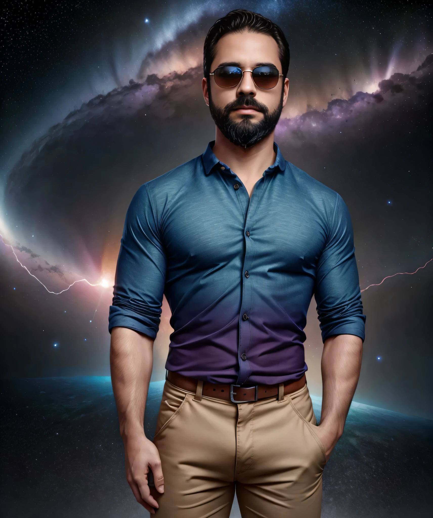 Obra maestra, desenfoque de campo, Parte superior del cuerpo, Hands in pants pockets, 38 year old man with beard and square sunglasses. Man wearing a shirt with a color gradient in the space movie with a plasma storm in the background.