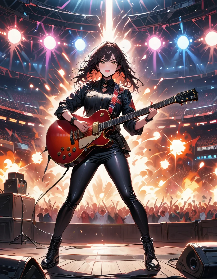 (best quality,4K,8K,high resolution,masterpiece:1.2),Super detailed,(actual,photoactual,photo-actual:1.37),rock star,singer,Guitar,Uniform,Black,tight,golden accents,spacewalk,hysterical singing,Stage lighting,rebellious,glitch art,bright colors,Energetic performance,electric atmosphere,loud music,screaming fans,Huge speakers,Fiery explosion,dynamic poses,Smoke and fog effects,expressive face,rotating lights,Flash,dark background,edgy style,wild hair,microphone stand,Guitar声音失真,rock music,Celebrity,电Guitar独奏,huge concert stage,strut on stage,Condescending,Emotional intensity,Loud and heavy drum beat,Electric energy,Stage fireworks,Powerful vocal performance,the stadium has a full crowd,thousands of fans,Roaring crowd,flash,electric atmosphere,sweaty and Energetic performance,legendary figures,Acting skills,standing ovation