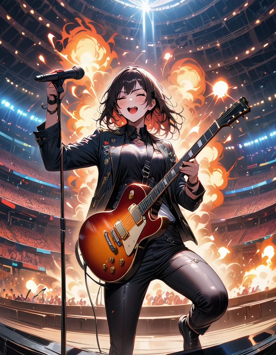 (best quality,4K,8K,high resolution,masterpiece:1.2),Super detailed,(actual,photoactual,photo-actual:1.37),rock star,singer,Guitar,Uniform,Black,tight,golden accents,spacewalk,hysterical singing,Stage lighting,rebellious,glitch art,bright colors,Energetic performance,electric atmosphere,loud music,screaming fans,Huge speakers,Fiery explosion,dynamic poses,Smoke and fog effects,expressive face,rotating lights,Flash,dark background,edgy style,wild hair,microphone stand,Guitar声音失真,rock music,Celebrity,电Guitar独奏,huge concert stage,strut on stage,Condescending,Emotional intensity,Loud and heavy drum beat,Electric energy,Stage fireworks,Powerful vocal performance,the stadium has a full crowd,thousands of fans,Roaring crowd,flash,electric atmosphere,sweaty and Energetic performance,legendary figures,Acting skills,standing ovation
