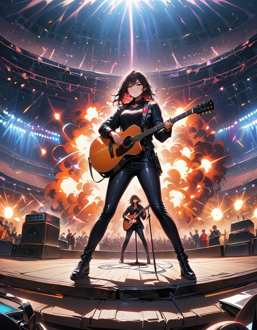 (best quality,4K,8K,high resolution,masterpiece:1.2),Super detailed,(actual,photoactual,photo-actual:1.37),rock star,singer,Guitar,Uniform,Black,tight,golden accents,spacewalk,hysterical singing,Stage lighting,rebellious,glitch art,bright colors,Energetic performance,electric atmosphere,loud music,screaming fans,Huge speakers,Fiery explosion,dynamic poses,Smoke and fog effects,expressive face,rotating lights,Flash,dark background,edgy style,wild hair,microphone stand,Guitar声音失真,rock music,Celebrity,电Guitar独奏,huge concert stage,strut on stage,Condescending,Emotional intensity,Loud and heavy drum beat,Electric energy,Stage fireworks,Powerful vocal performance,the stadium has a full crowd,thousands of fans,Roaring crowd,flash,electric atmosphere,sweaty and Energetic performance,legendary figures,Acting skills,standing ovation