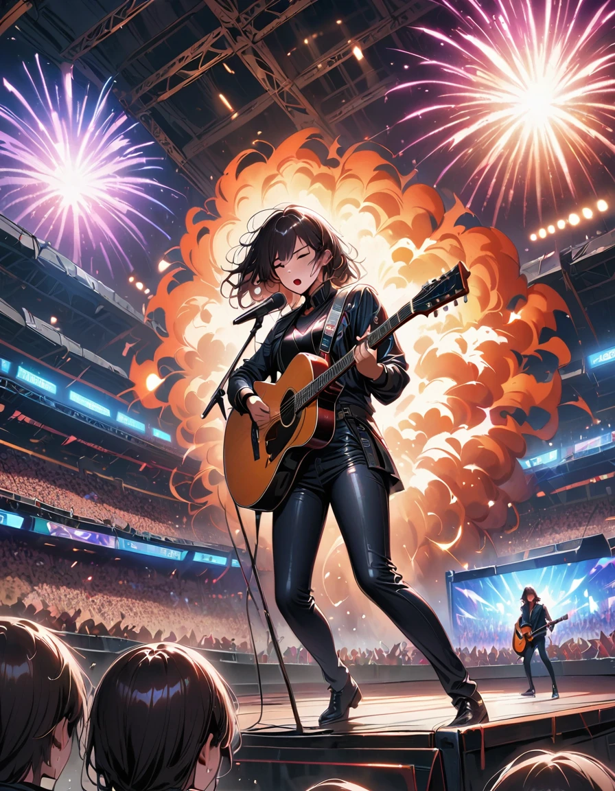 (best quality,4K,8K,high resolution,masterpiece:1.2),Super detailed,(actual,photoactual,photo-actual:1.37),rock star,singer,Guitar,Uniform,Black,tight,golden accents,spacewalk,hysterical singing,Stage lighting,rebellious,glitch art,bright colors,Energetic performance,electric atmosphere,loud music,screaming fans,Huge speakers,Fiery explosion,dynamic poses,Smoke and fog effects,expressive face,rotating lights,Flash,dark background,edgy style,wild hair,microphone stand,Guitar声音失真,rock music,Celebrity,电Guitar独奏,huge concert stage,strut on stage,Condescending,Emotional intensity,Loud and heavy drum beat,Electric energy,Stage fireworks,Powerful vocal performance,the stadium has a full crowd,thousands of fans,Roaring crowd,flash,electric atmosphere,sweaty and Energetic performance,legendary figures,Acting skills,standing ovation