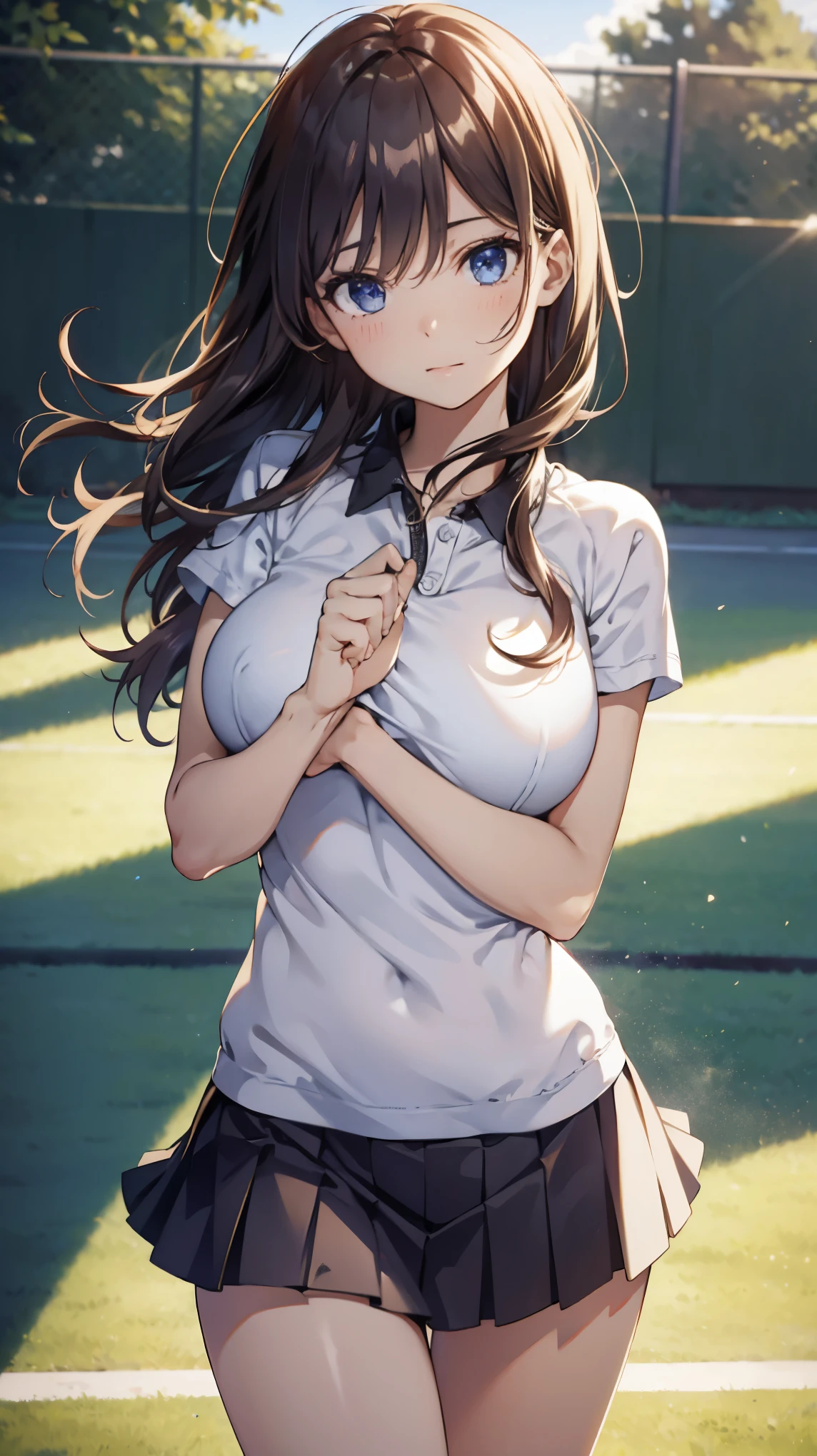 official art, unity 8k wallpaper, Super detailed, masterpiece, highest quality, 1 female, (very detailed),(Raw photo、highest quality)、(realistic、Photoreal:1.3)、high detail、顔のvery detailed複雑な 3D レンダリング、(very detailed肌:1.2)、dynamic angle, fire glow effect, professional lighting, side light, cinematic light, 超A high resolution, 8K , film grain,best shadow, particles of light, Fine skin texture, detailed face, intricate details, Super detailed, shine, please reconsider、full body, Tennis court、beautiful face、blurred background、18 year old beautiful girl、shiny skin、Tennis uniform、white panties、Sweat、big breasts、No sleeve、super mini skirt、Very short skirt、dynamic pose、