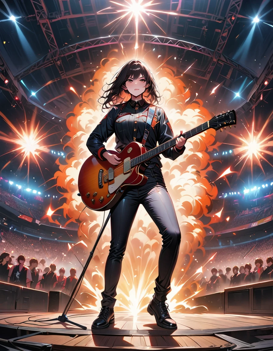 (best quality,4K,8K,high resolution,masterpiece:1.2),Super detailed,(actual,photoactual,photo-actual:1.37),rock star,singer,Guitar,Uniform,Black,tight,golden accents,spacewalk,hysterical singing,Stage lighting,rebellious,glitch art,bright colors,Energetic performance,electric atmosphere,loud music,screaming fans,Huge speakers,Fiery explosion,dynamic poses,Smoke and fog effects,expressive face,rotating lights,Flash,dark background,edgy style,wild hair,microphone stand,Guitar声音失真,rock music,Celebrity,电Guitar独奏,huge concert stage,strut on stage,Condescending,Emotional intensity,Loud and heavy drum beat,Electric energy,Stage fireworks,Powerful vocal performance,the stadium has a full crowd,thousands of fans,Roaring crowd,flash,electric atmosphere,sweaty and Energetic performance,legendary figures,Acting skills,standing ovation