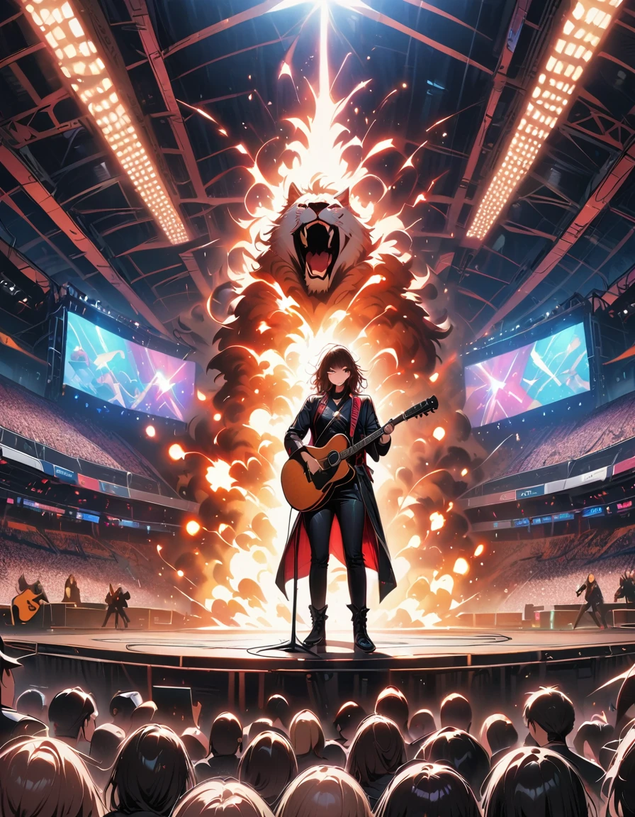 (best quality,4K,8K,high resolution,masterpiece:1.2),Super detailed,(actual,photoactual,photo-actual:1.37),rock star,singer,Guitar,Uniform,Black,tight,golden accents,spacewalk,hysterical singing,Stage lighting,rebellious,glitch art,bright colors,Energetic performance,electric atmosphere,loud music,screaming fans,Huge speakers,Fiery explosion,dynamic poses,Smoke and fog effects,expressive face,rotating lights,Flash,dark background,edgy style,wild hair,microphone stand,Guitar声音失真,rock music,Celebrity,电Guitar独奏,huge concert stage,strut on stage,Condescending,Emotional intensity,Loud and heavy drum beat,Electric energy,Stage fireworks,Powerful vocal performance,the stadium has a full crowd,thousands of fans,Roaring crowd,flash,electric atmosphere,sweaty and Energetic performance,legendary figures,Acting skills,standing ovation
