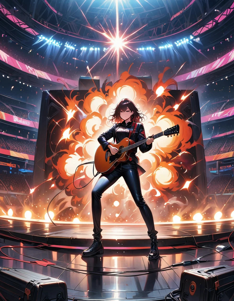 (best quality,4K,8K,high resolution,masterpiece:1.2),Super detailed,(actual,photoactual,photo-actual:1.37),rock star,singer,Guitar,Uniform,Black,tight,golden accents,spacewalk,hysterical singing,Stage lighting,rebellious,glitch art,bright colors,Energetic performance,electric atmosphere,loud music,screaming fans,Huge speakers,Fiery explosion,dynamic poses,Smoke and fog effects,expressive face,rotating lights,Flash,dark background,edgy style,wild hair,microphone stand,Guitar声音失真,rock music,Celebrity,电Guitar独奏,huge concert stage,strut on stage,Condescending,Emotional intensity,Loud and heavy drum beat,Electric energy,Stage fireworks,Powerful vocal performance,the stadium has a full crowd,thousands of fans,Roaring crowd,flash,electric atmosphere,sweaty and Energetic performance,legendary figures,Acting skills,standing ovation